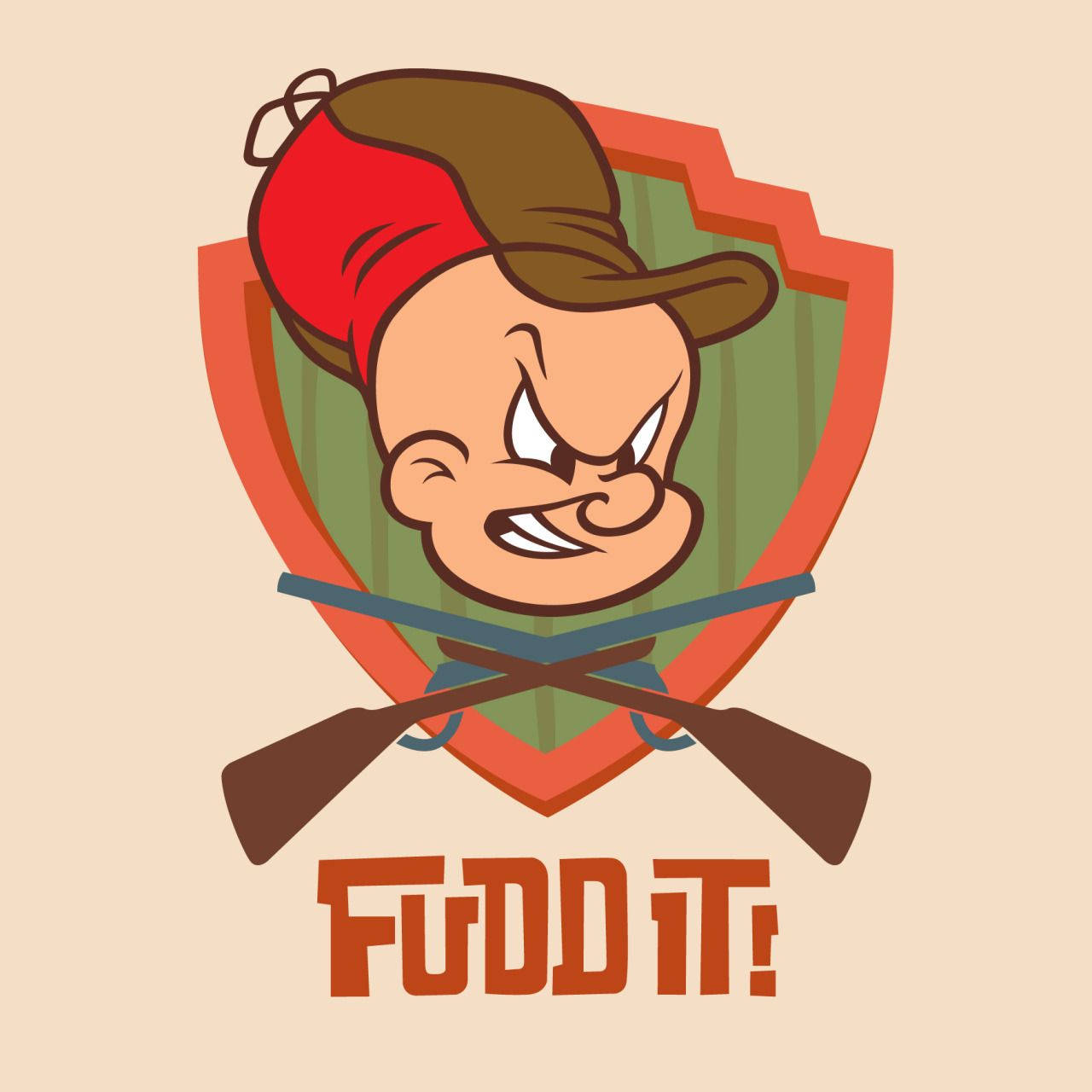 Elmer Fudd Fuddit 主題標誌 壁紙 — 一個卡通憤怒男孩，戴著紅棕色帽子，身後有交叉步槍，文字 Fudd It!