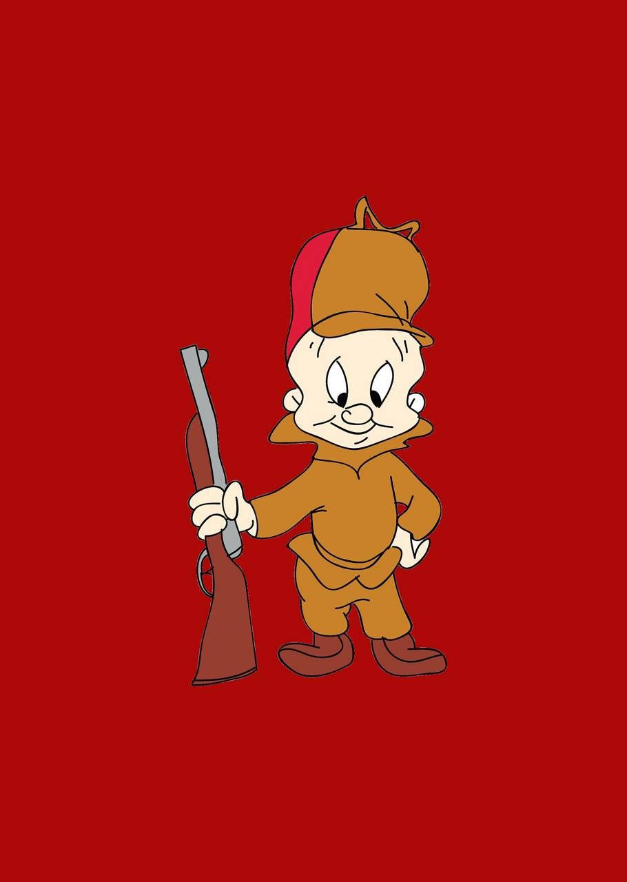 Elmer Fudd 紅色背景版 壁紙 — 一隻卡通啄木鳥穿著棕色狩獵裝，在純紅色背景上拿著步槍。