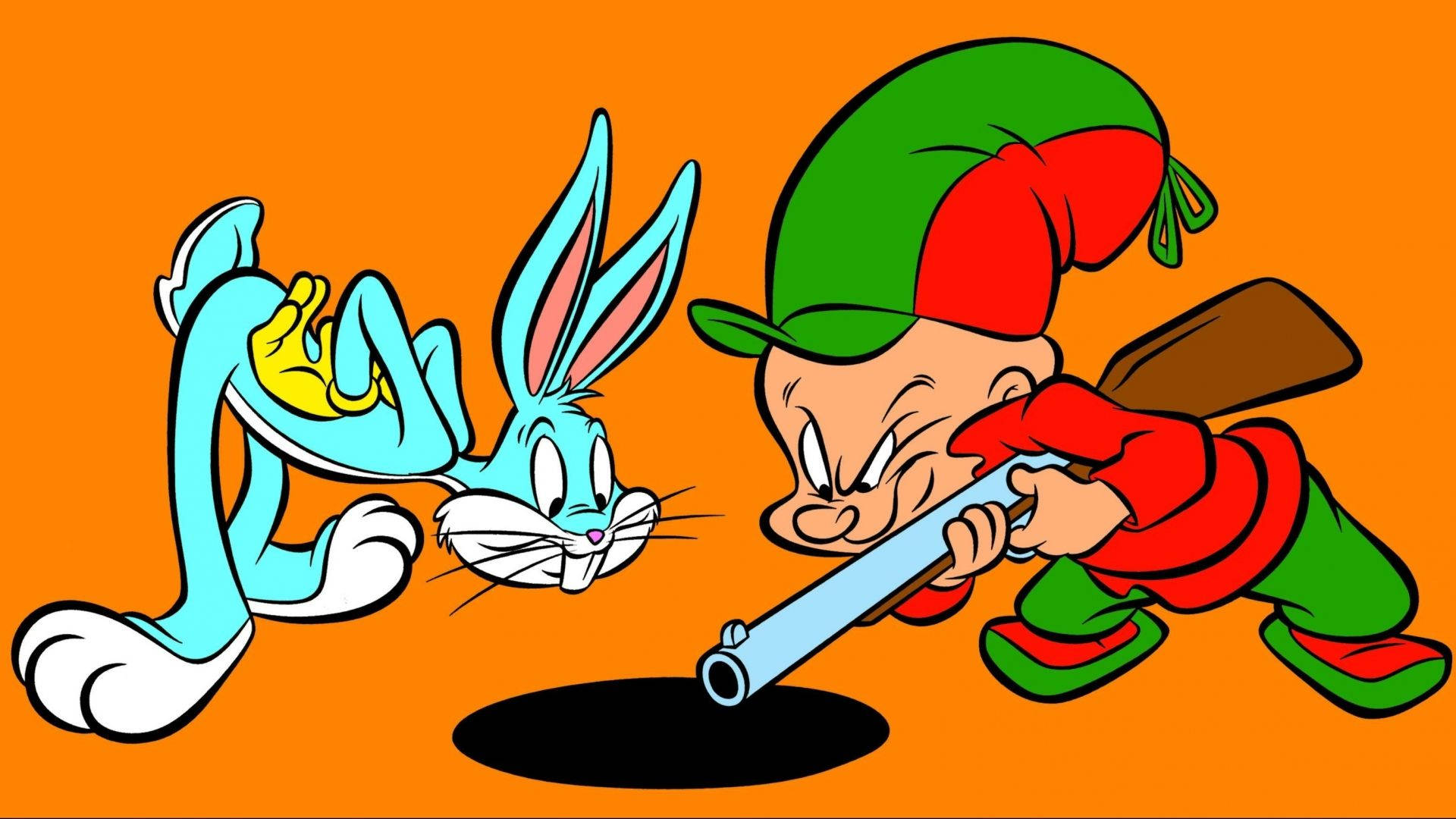 Elmer Fudd 與 Bugs Bunny 觀察地洞 壁紙 — 賓尼兔在卡通橙色背景上躲避一個脾氣暴躁的獵人的獵槍射擊。