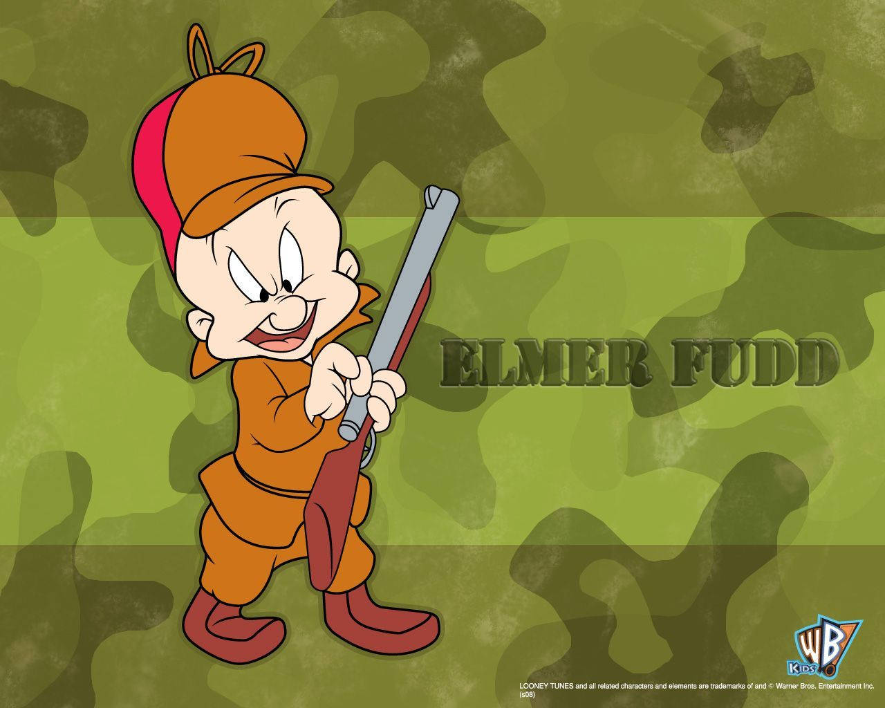 Elmer Fudd 迷彩風格海報 壁紙 — Elmer Fudd 身穿橙色狩獵裝備，手持步槍，在綠色迷彩背景下咧嘴笑。