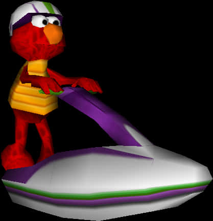 Elmo 騎著懸浮飛行器 3D 渲染圖 壁紙 — Elmo 喺黑色背景嘅 3D 渲染場景中騎住一架紫色同白色嘅水上電單車。