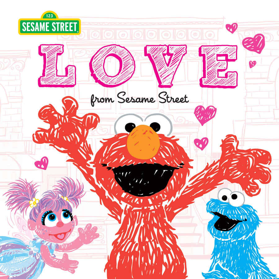 Sesame Street 桌布 壁紙 — Elmo、Cookie Monster 和 Abby Cadabby 在芝麻街背景下用粉紅色心形愉快地慶祝愛情。