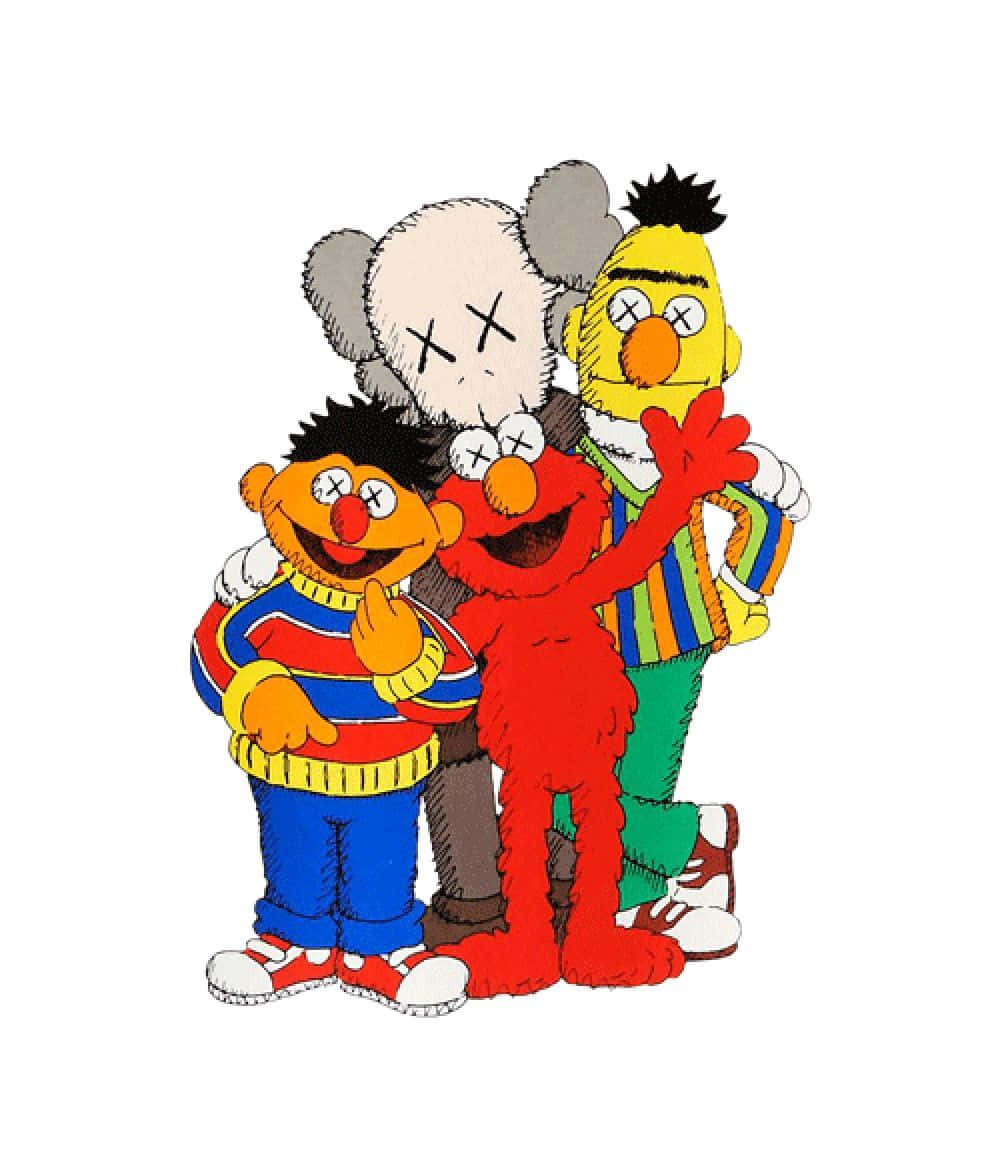 Kaws Sesame Street 桌布 壁紙 — Elmo、Ernie 和 Bert 與 KAWS 角色站在色彩繽紛的卡通插圖中。