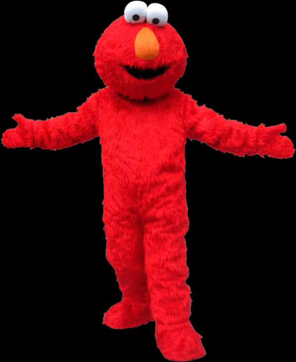 Elmo 角色黑色背景孤立圖 壁紙 — 一個開心的紅色毛絨 Elmo 吉祥物張開雙臂，站在純黑色背景前。