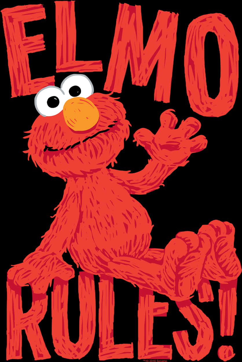 Elmo 規則圖形 壁紙 — Elmo 在黑色背景上以粗體紅色文字愉快地揮手，並以風格化字體寫著「ELMO RULES!」。