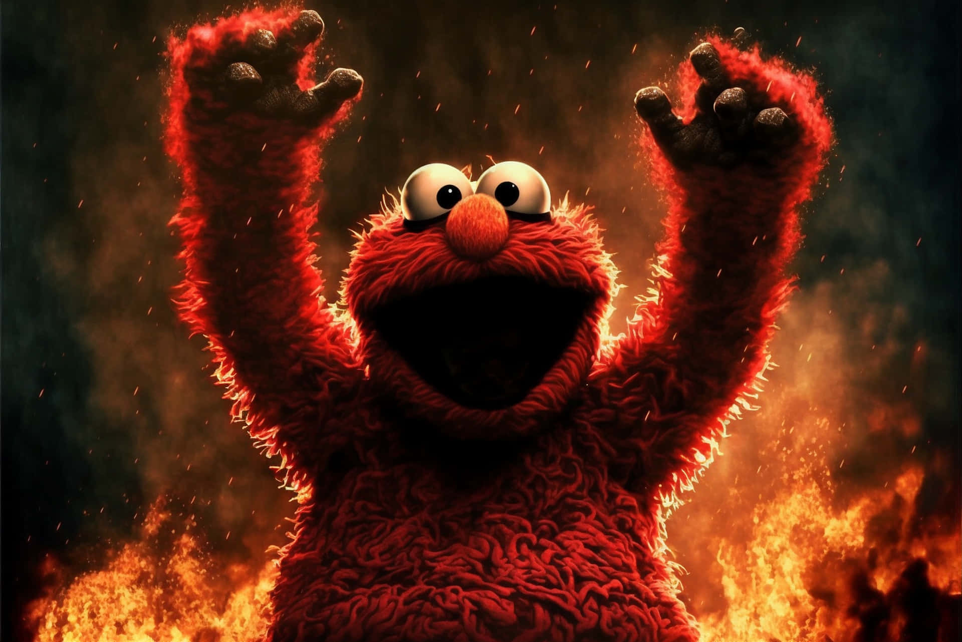 Elmo 桌布 壁紙 — Elmo 勝利地舉起雙臂，火焰吞噬他，形成一個戲劇性的火場景象。