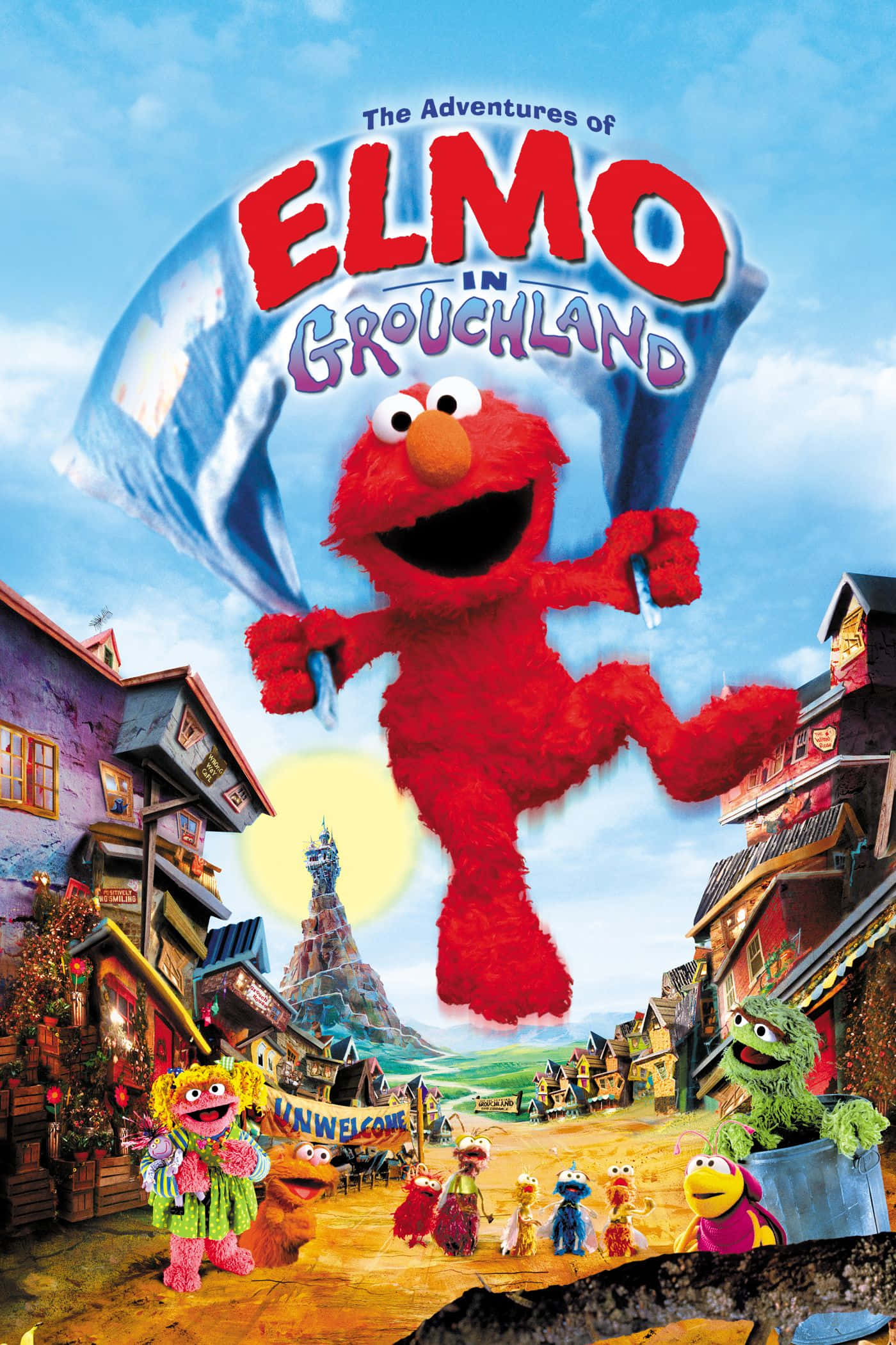 Elmo 桌布 壁紙 — Elmo 喺明亮藍天下，開心噉跳過一個充滿芝麻街角色同古怪建築嘅色彩繽紛小鎮。