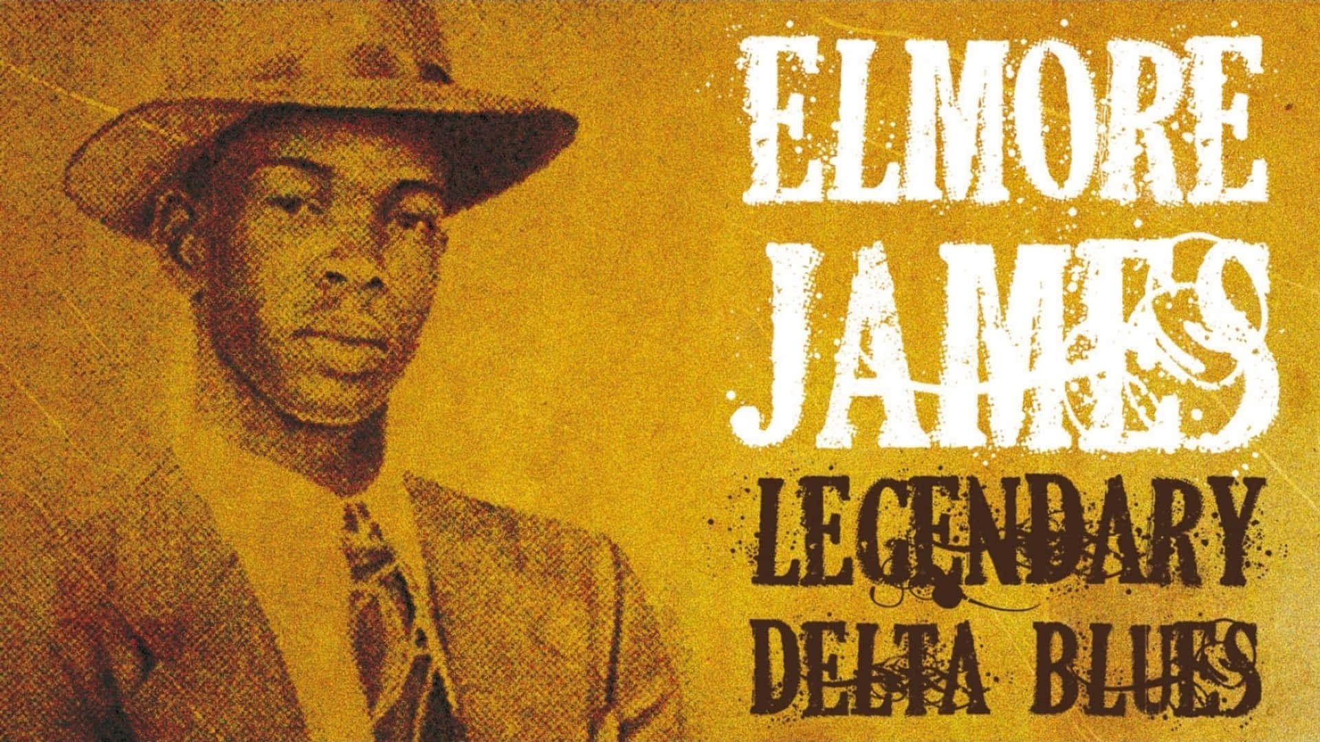 Elmore James — 滑棒吉他之王 壁紙 — 埃爾莫爾·詹姆斯的復古肖像，戴著帽子、穿著西裝，背景為帶紋理的黃色，粗體文字宣揚他傳奇的三角洲藍調地位。