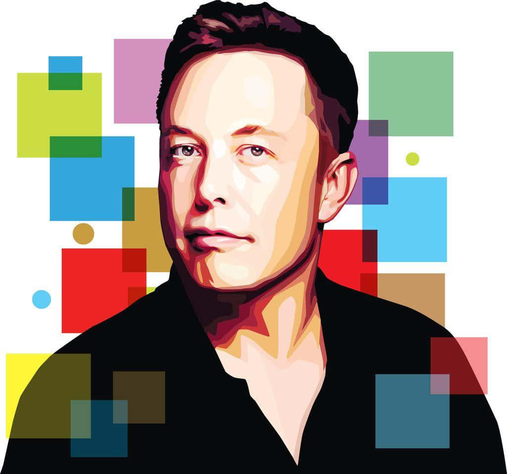 Elon Musk 的風格化肖像，身後有色彩繽紛的幾何形狀。