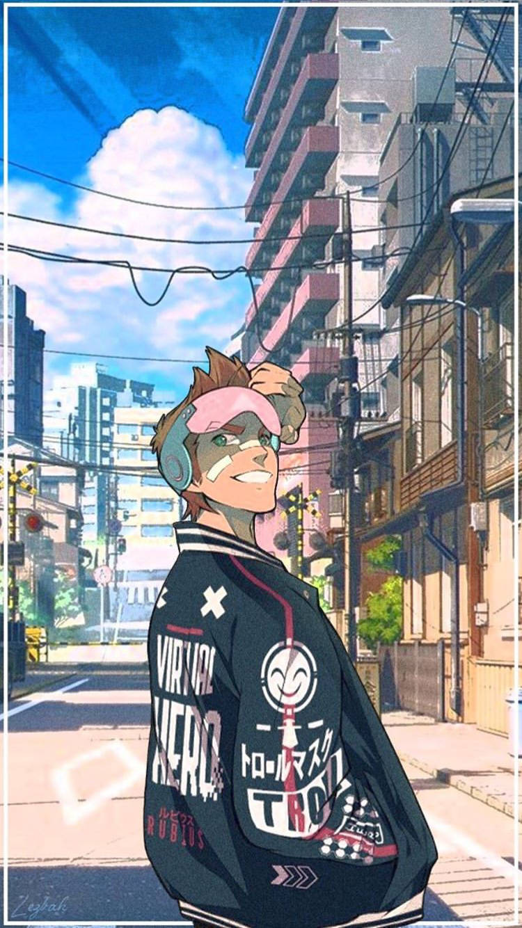 穿著「Virtual Hero」外套的動畫男孩在陽光明媚的都市街道上行走。
