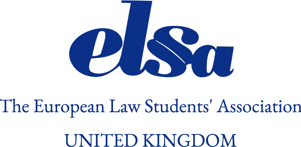 歐洲法學學生協會（ELSA）英國分會標誌 壁紙 — 在黑色背景上，大膽的藍色 'elsa' 標誌，附有全名和 'UNITED KINGDOM' 文字。