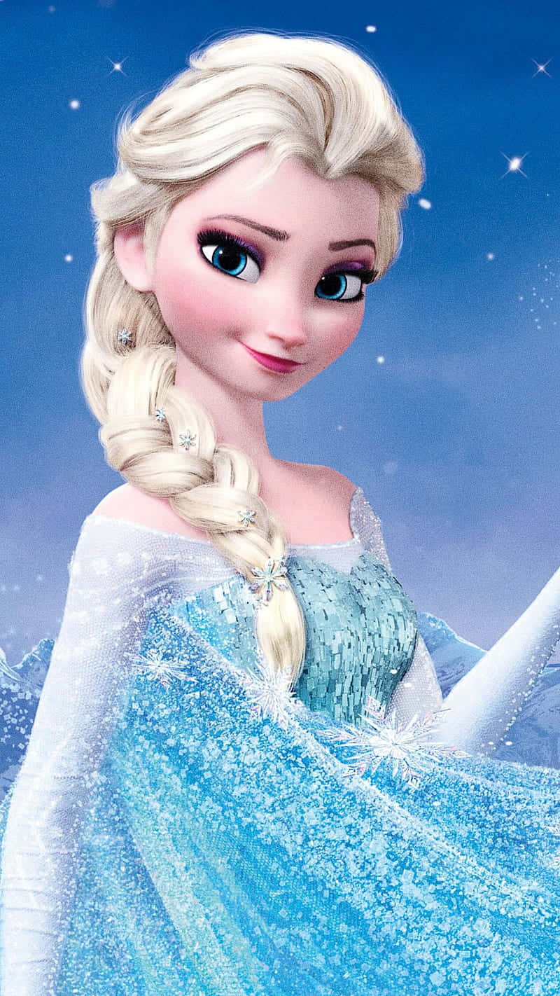 以最新科技保持連線：Elsa Phone 壁紙 — 《魔雪奇緣》的愛莎身穿冰藍色長裙，在繁星點點的夜空下，雪花在她周圍飄舞，她溫柔地微笑。
