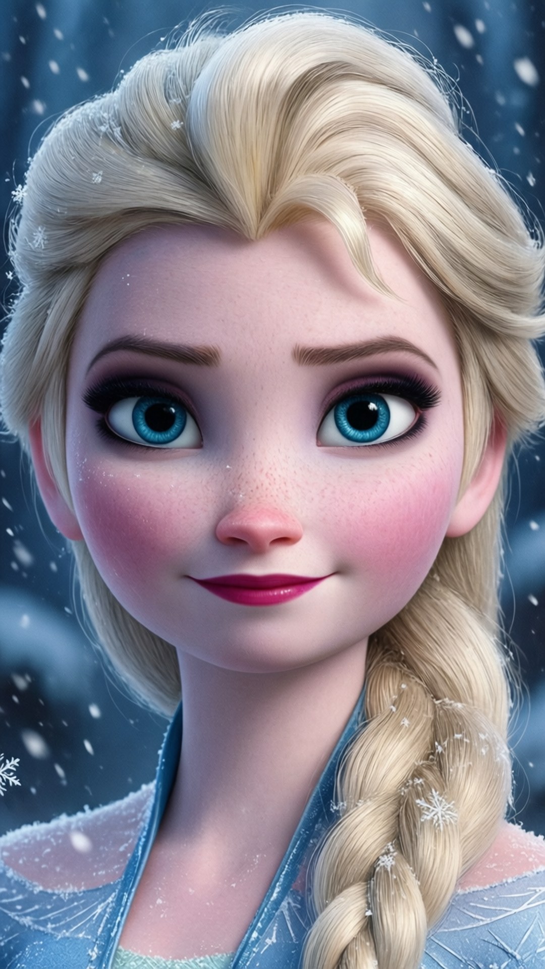 《冰雪奇緣》中的艾莎，辮子上有雪花，身穿藍色冬裝。