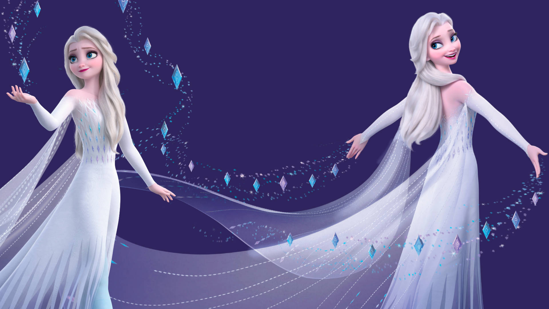 Elsa 雪皇后禮服 壁紙 — 兩位動畫公主穿著飄逸的白色禮服，在深紫色背景下創造出閃閃發光的冰魔法。