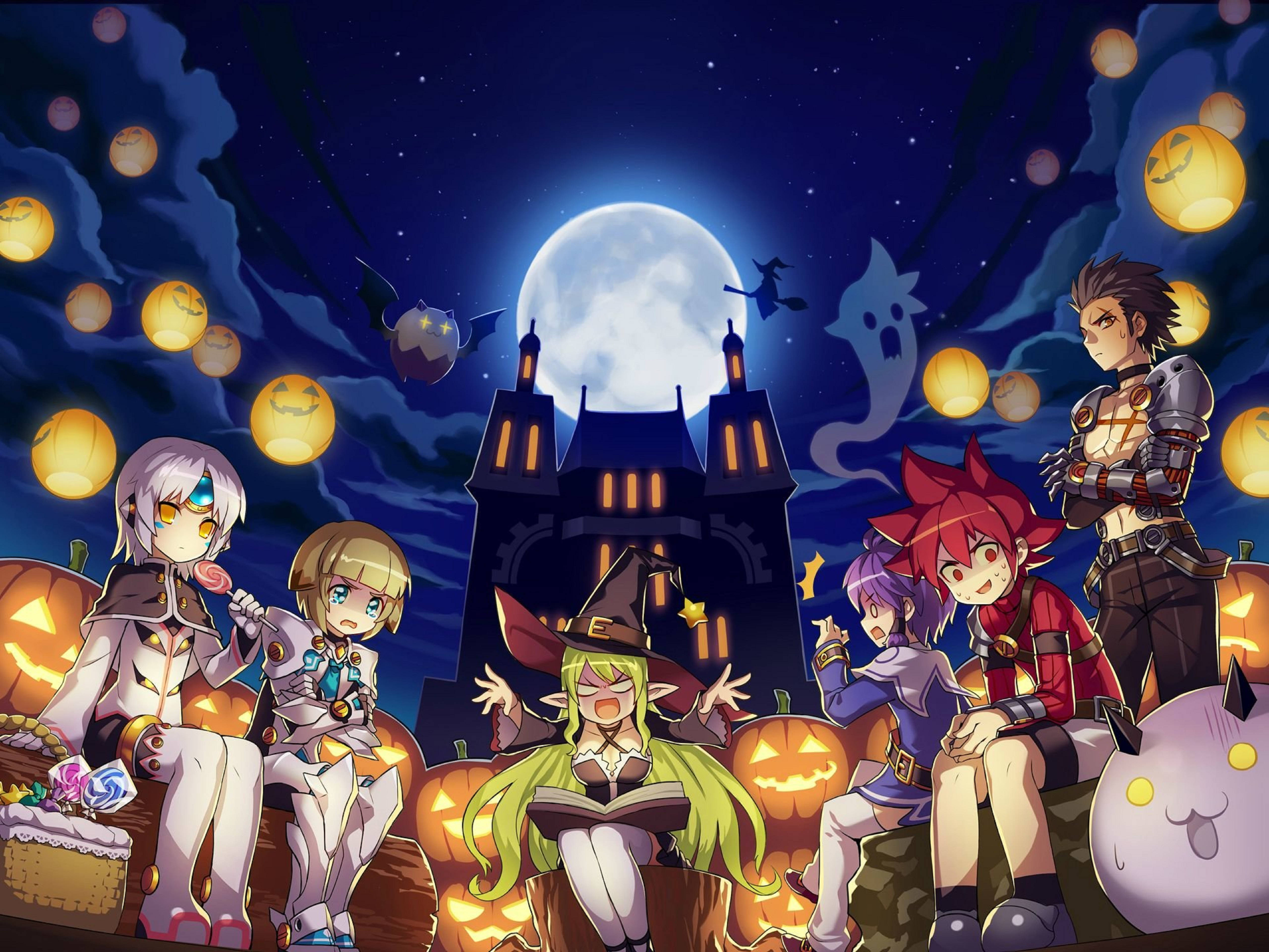 Elsword 2018 万聖節封面 壁紙 — 動畫角色穿著萬聖節服裝聚集在發光的南瓜燈周圍，滿月下靠近一座陰森的城堡。