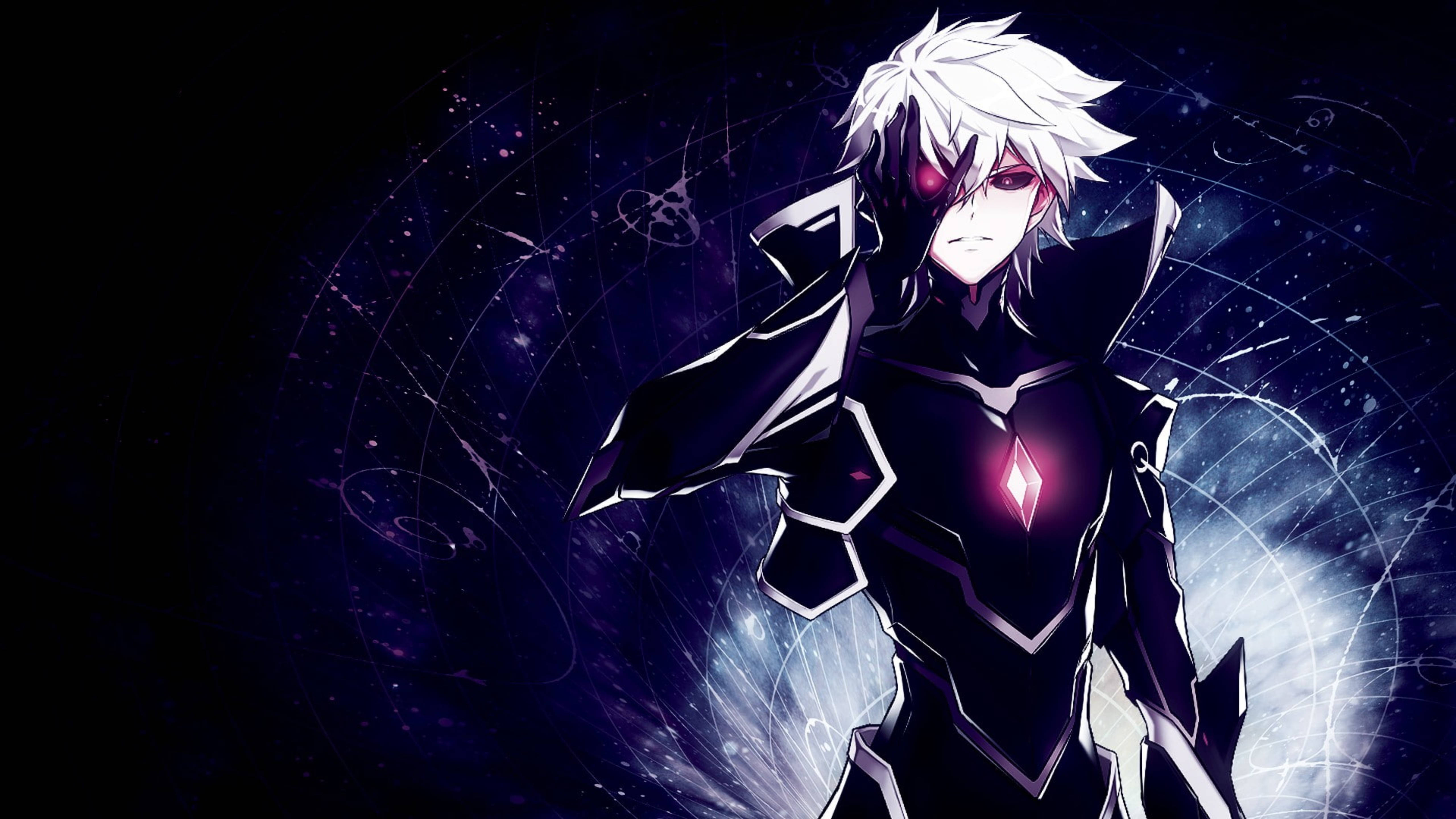 Elsword 遊戲角色 Add - 惡魔期望者 壁紙 — 一個白髮的動漫角色穿著黑色盔甲，站在宇宙般的紫色和藍色星空背景前，擁有發光的粉紅色眼睛和胸部寶石。