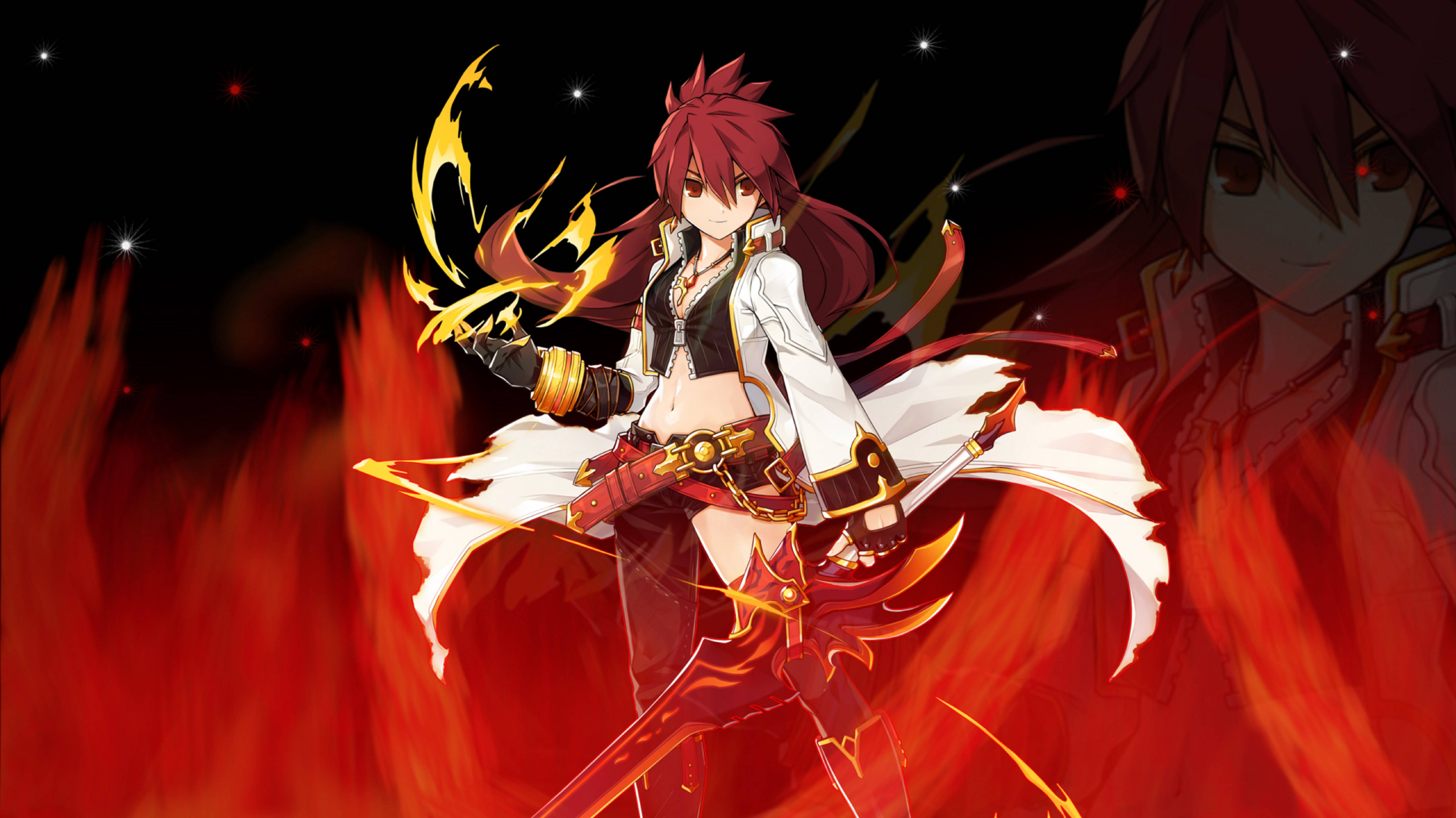 Elsword Elesis 燃燒之心 壁紙 — 一位火紅頭髮的動漫戰士在黑暗星空背景下揮舞著火焰劍，周圍有紅色火焰旋轉。
