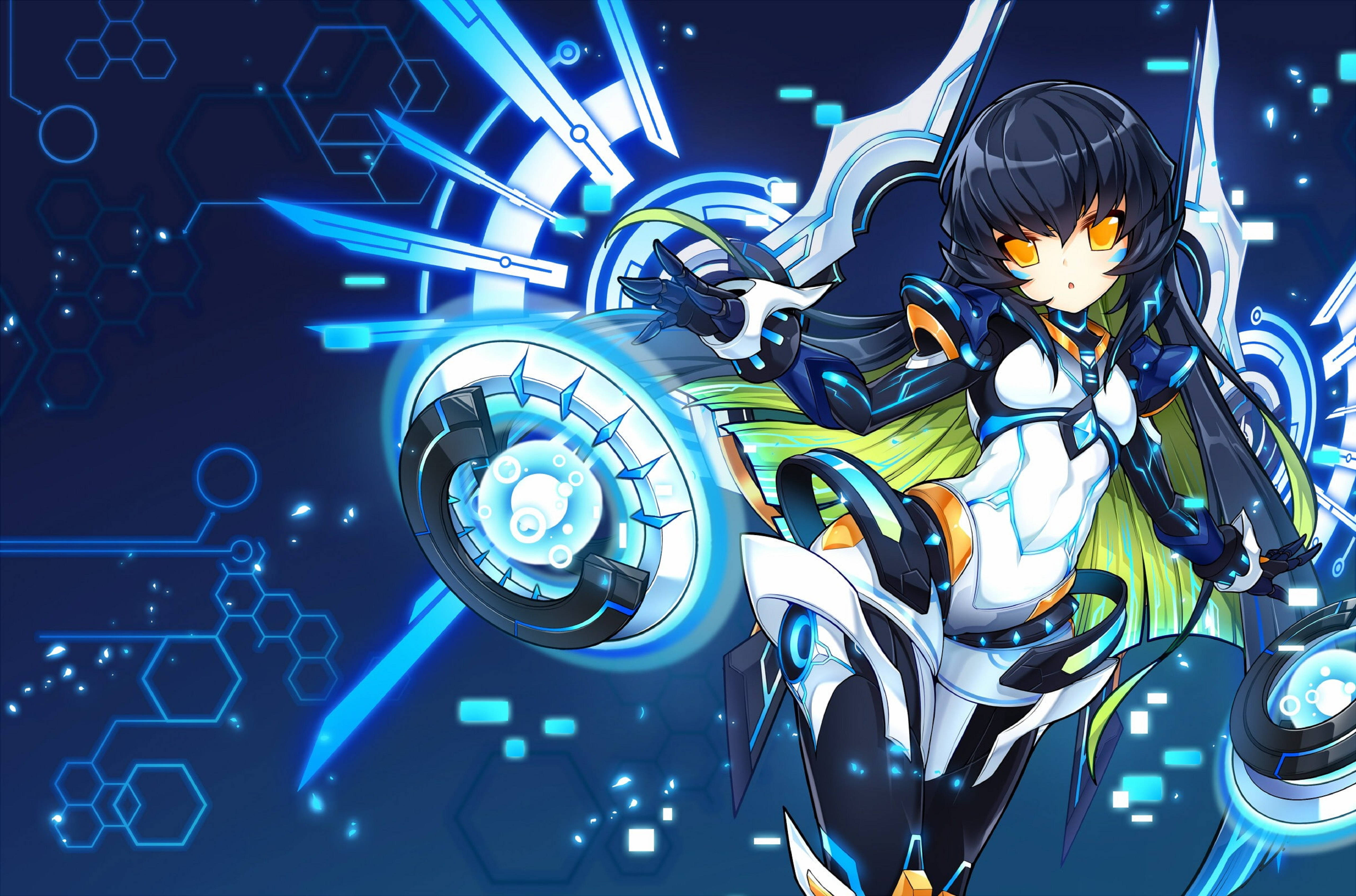 Elsword Eve Code Maya 壁紙 — 一位擁有發光橙色眼睛的賽博龐克動漫女孩，在數位六角網格背景下揮舞著未來主義的藍色能量武器。