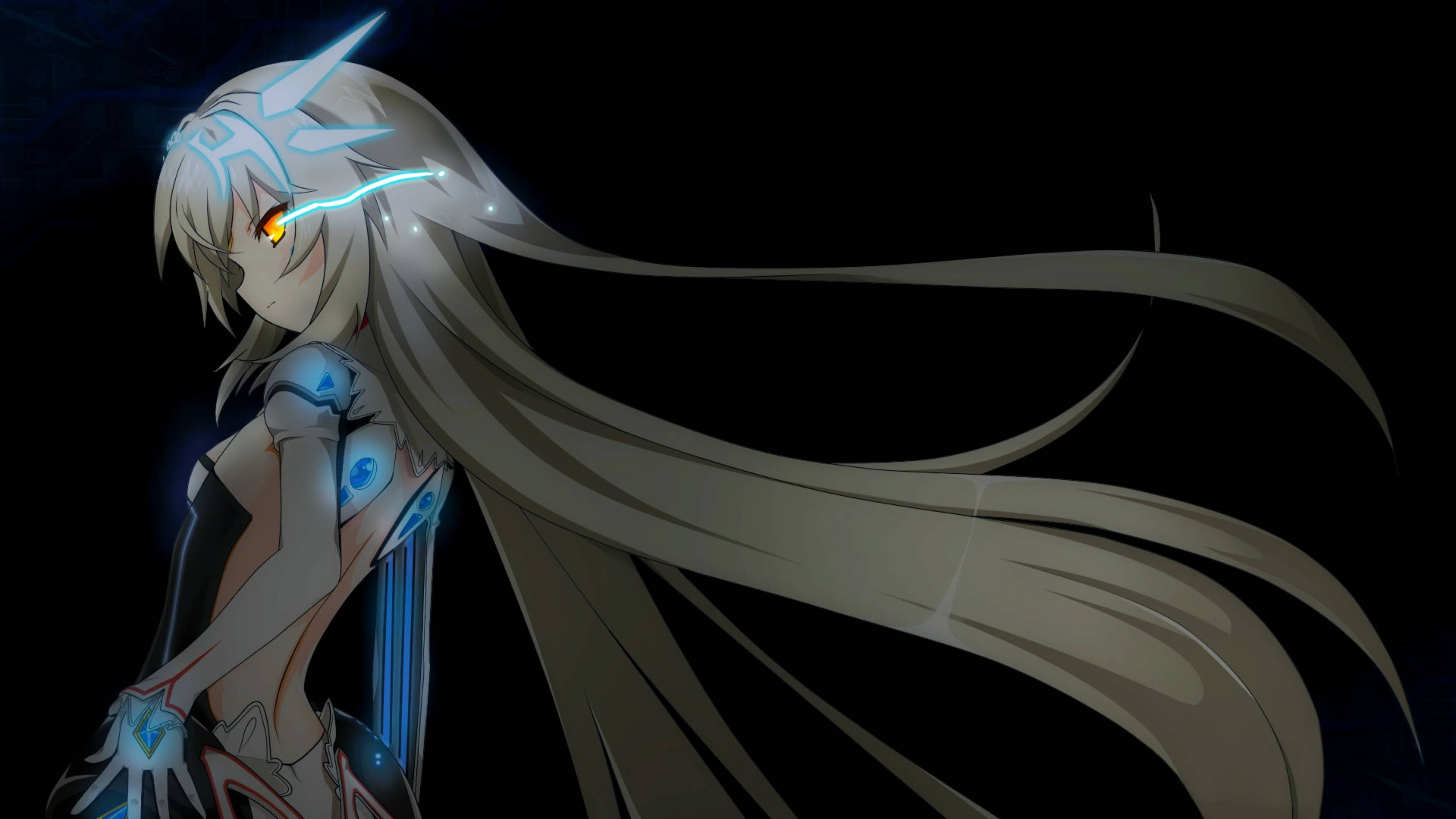 Elsword Eve 戰鬥天使 壁紙 — 一個發光的動漫女孩，擁有長長的銀色頭髮和藍色機械感裝飾，站在黑暗中，她的橙色眼睛和飄逸的頭髮在黑色虛空中被照亮。