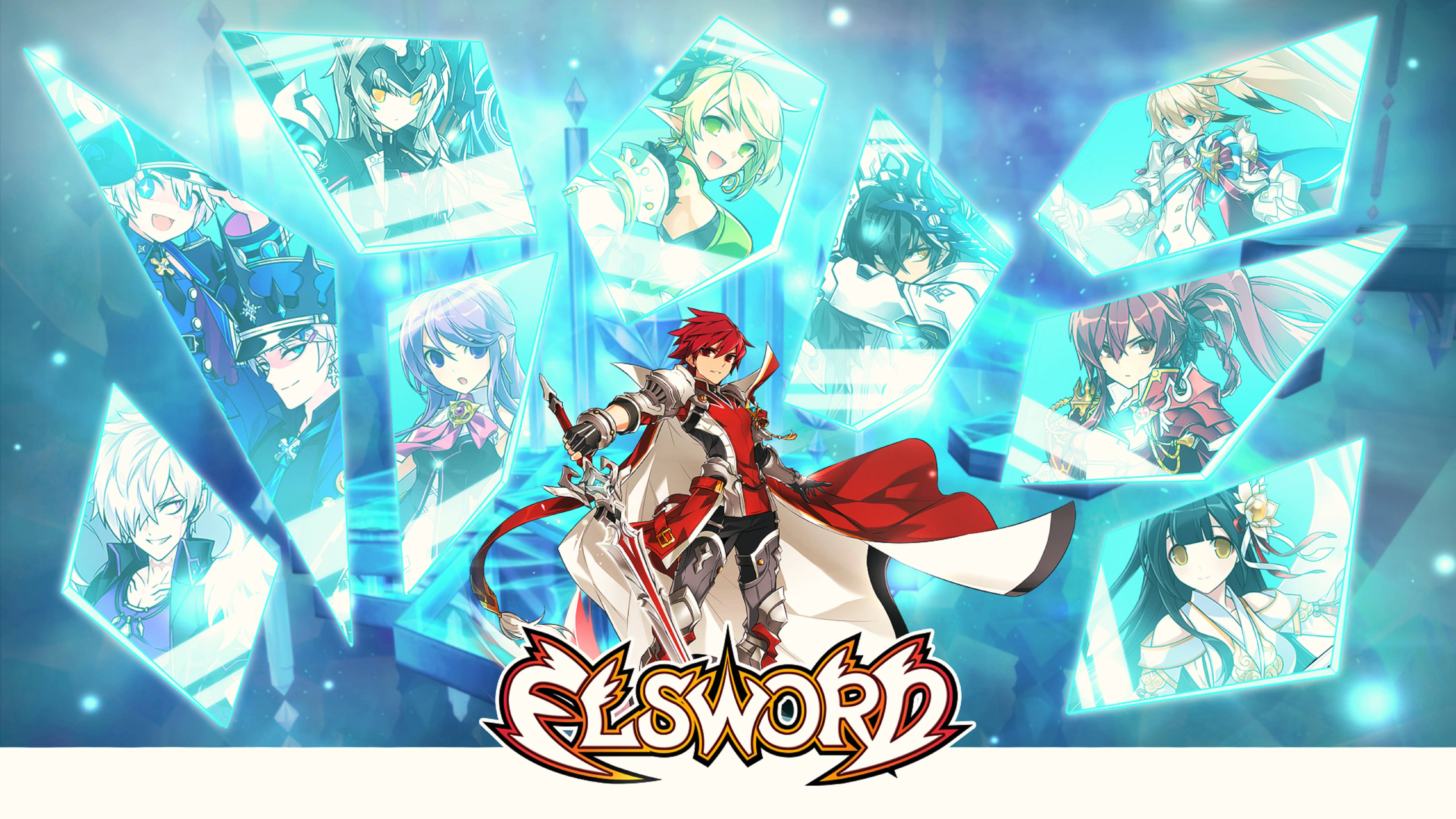 Elsword 騎士皇帝封面 壁紙 — 一位紅髮動漫戰士身穿白色和紅色盔甲，站在漂浮的藍色水晶面板前，面板上顯示其他動漫角色，背景是發光的藍色。
