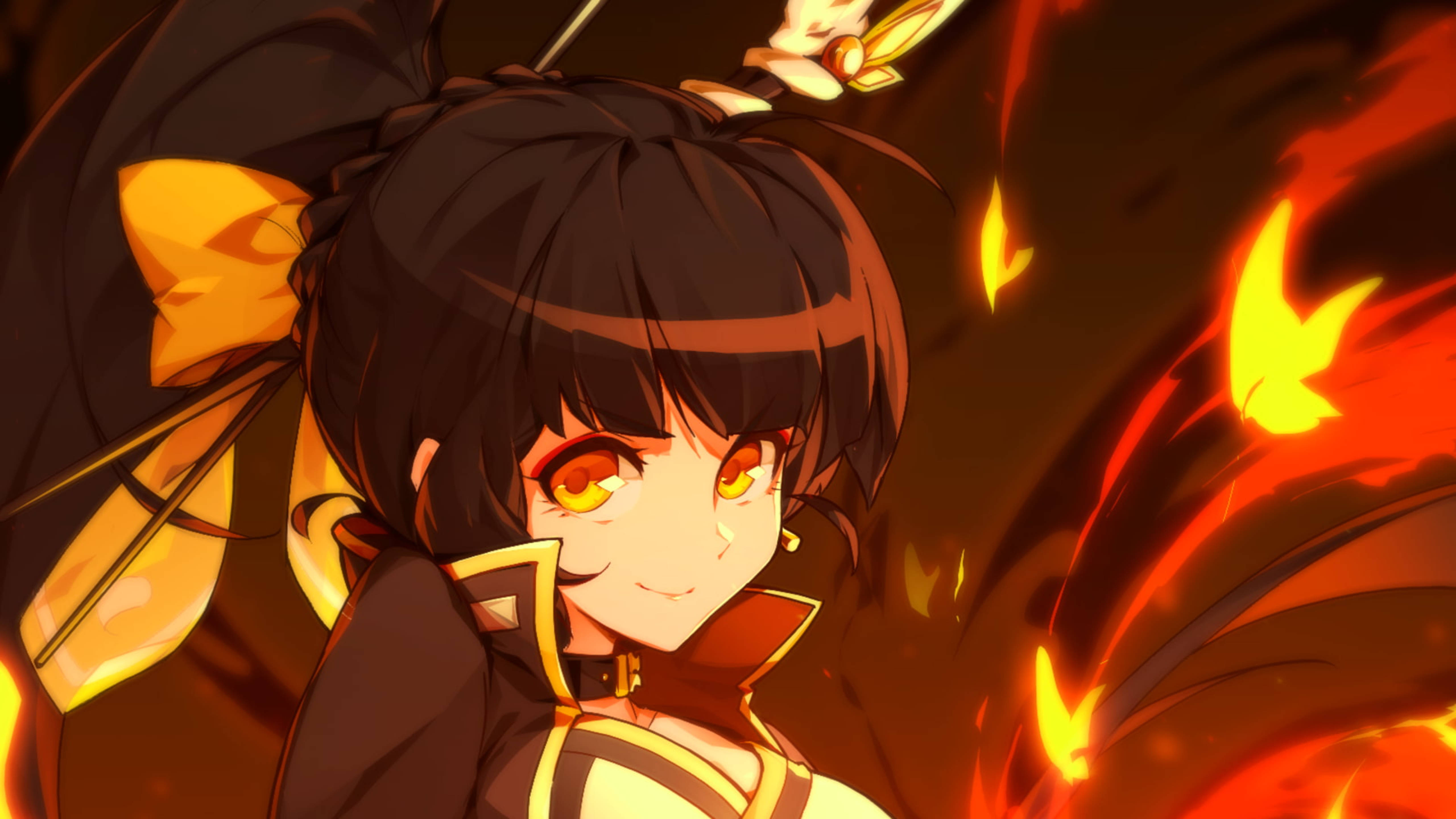 Elsword 小惡魔 Ara 壁紙 — 擁有火橙色眼睛和黑色頭髮、飾有黃色絲帶的動漫女孩，在旋轉的火焰中微笑。