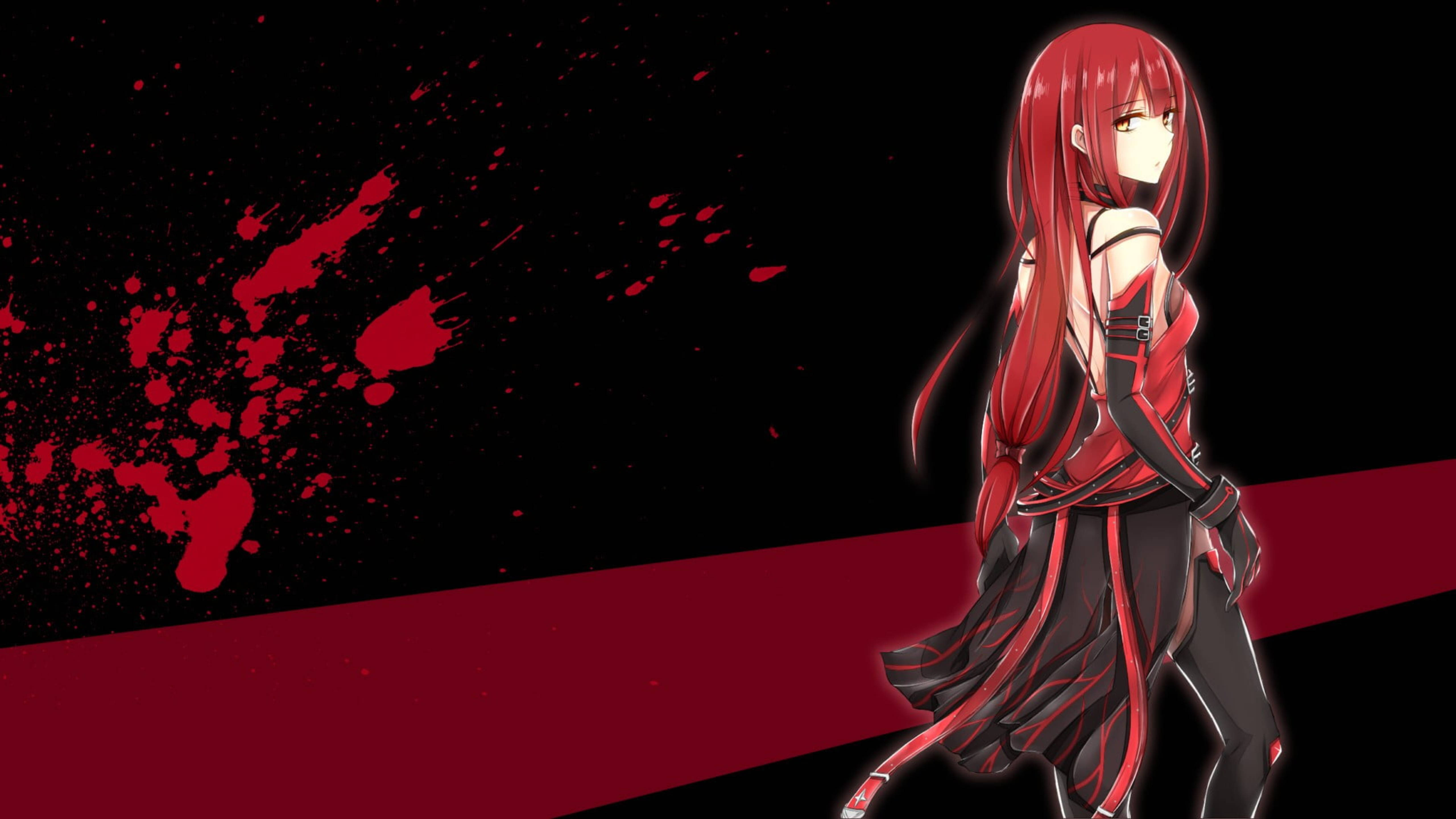 Elsword 火焰復仇者 Elesis 壁紙 — 一個紅髮動漫女孩穿著紅黑服裝，站在黑色背景前，背景上有紅色飛濺和一條大膽的紅色條紋。