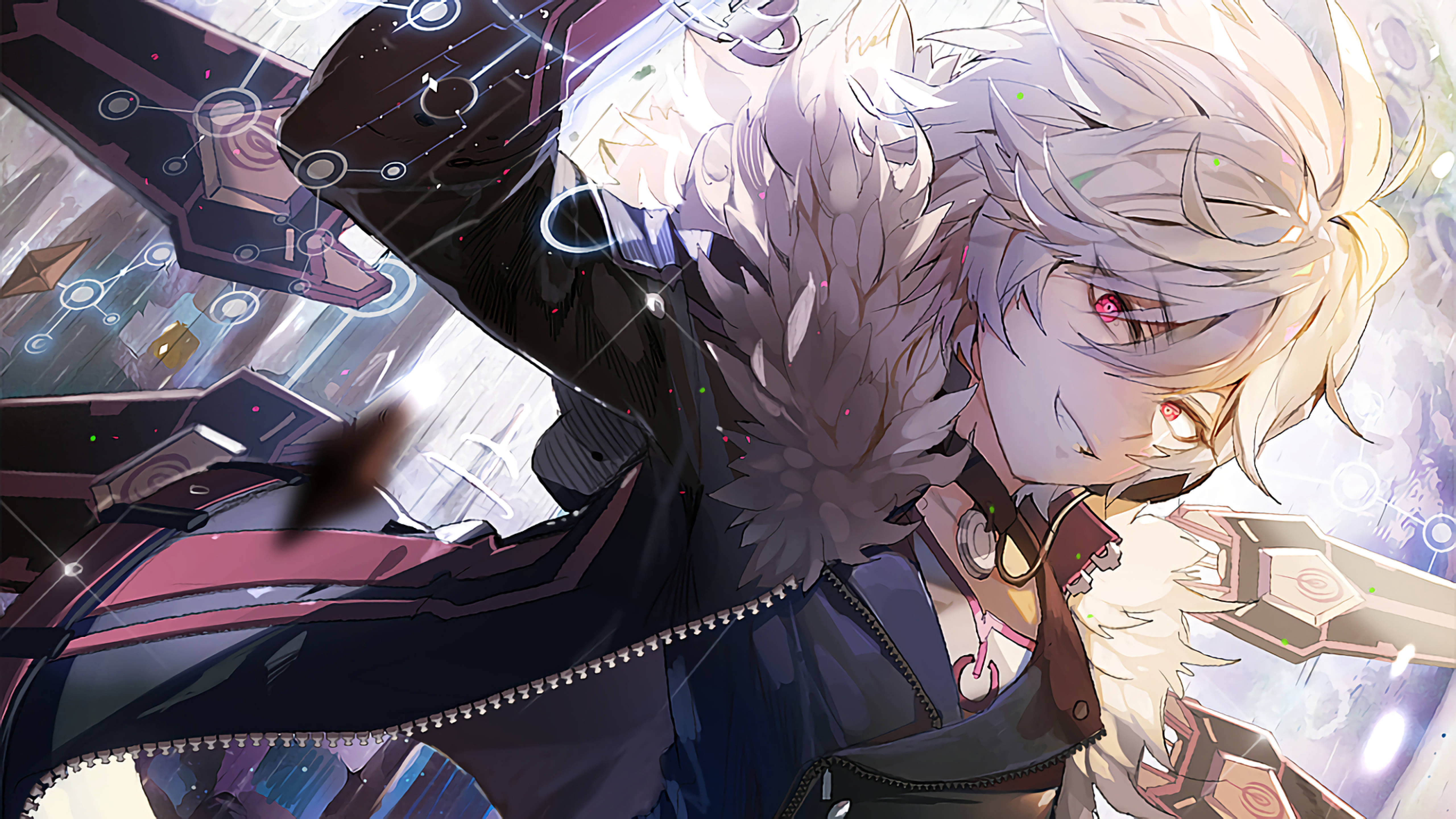 Elsword 災厄使者 Add 壁紙 — 一個銀色頭髮、發光紅眼的動漫角色，自信地穿著毛領大衣，站在發光的數位介面之間。