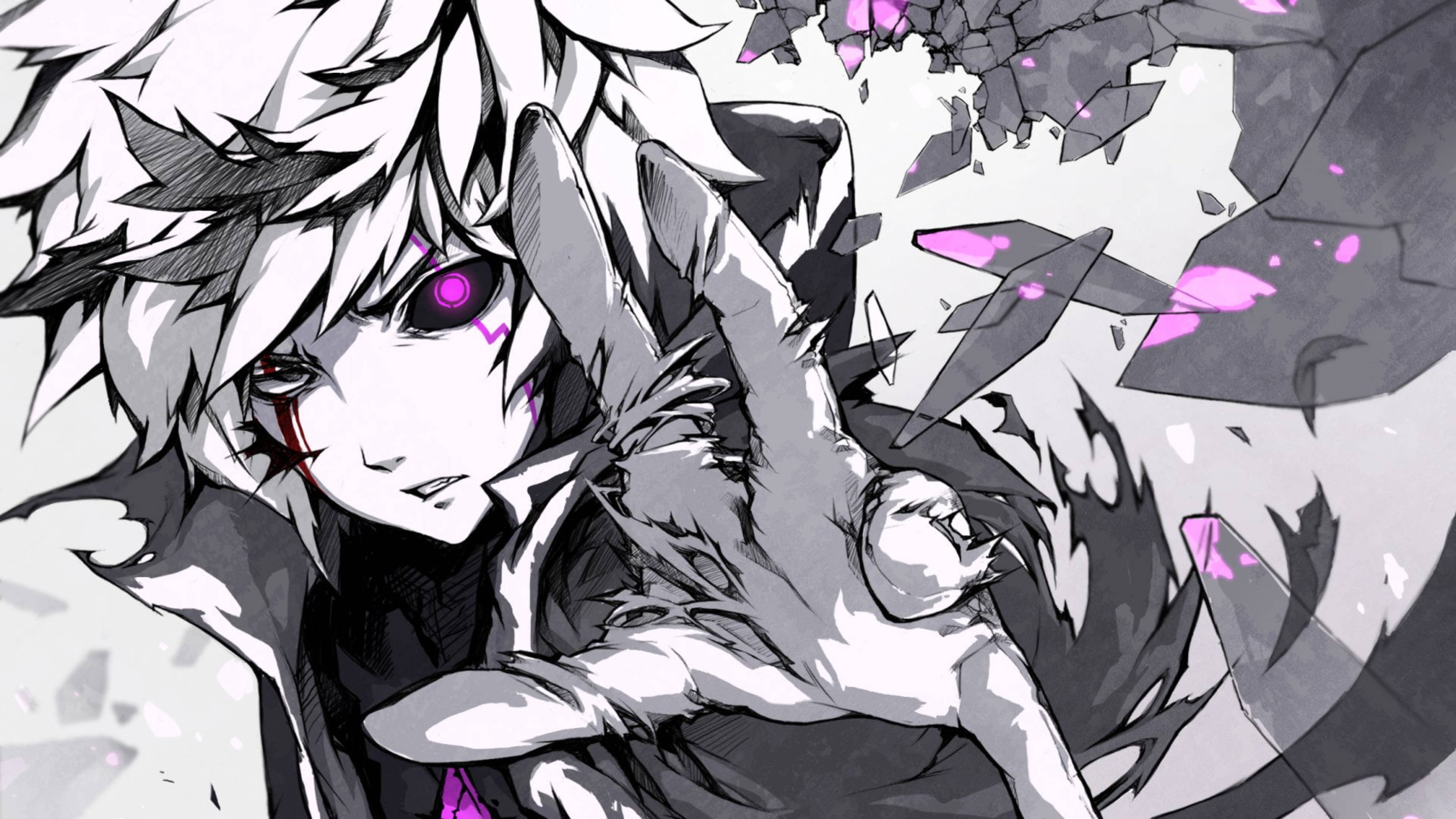 Elsword 瘋狂心理師藝術 壁紙 — 一個風格化的動漫角色，白髮紫眼，在帶有粉紅色點綴的破碎灰色碎片中抱著一個破損的人偶。