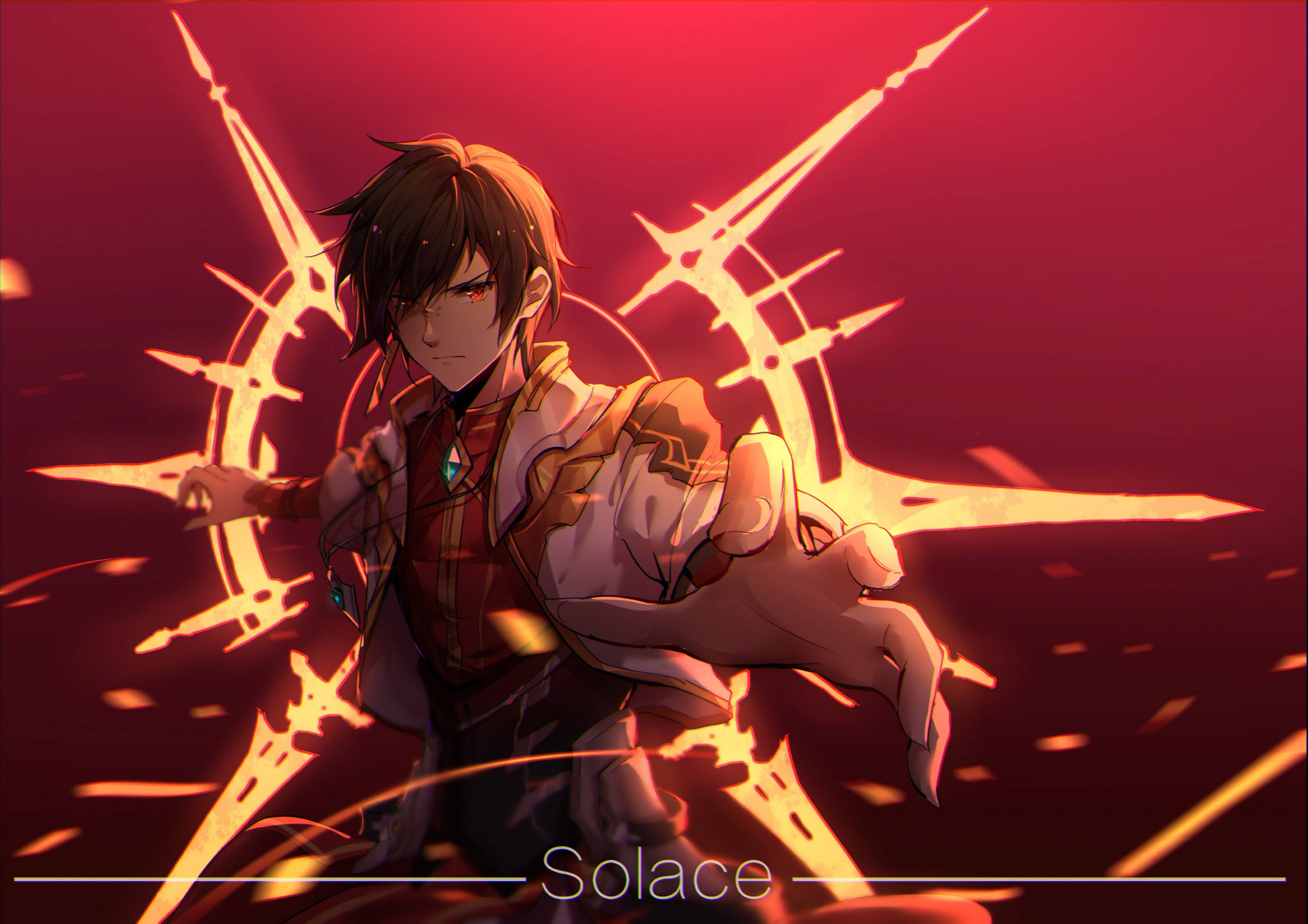 Elsword 的神秘 El Master Solace 全副武裝 壁紙 — 一個眼神堅定的動漫男孩，紅色的眼睛，在火紅的背景中操控著發光的金色刀刃。