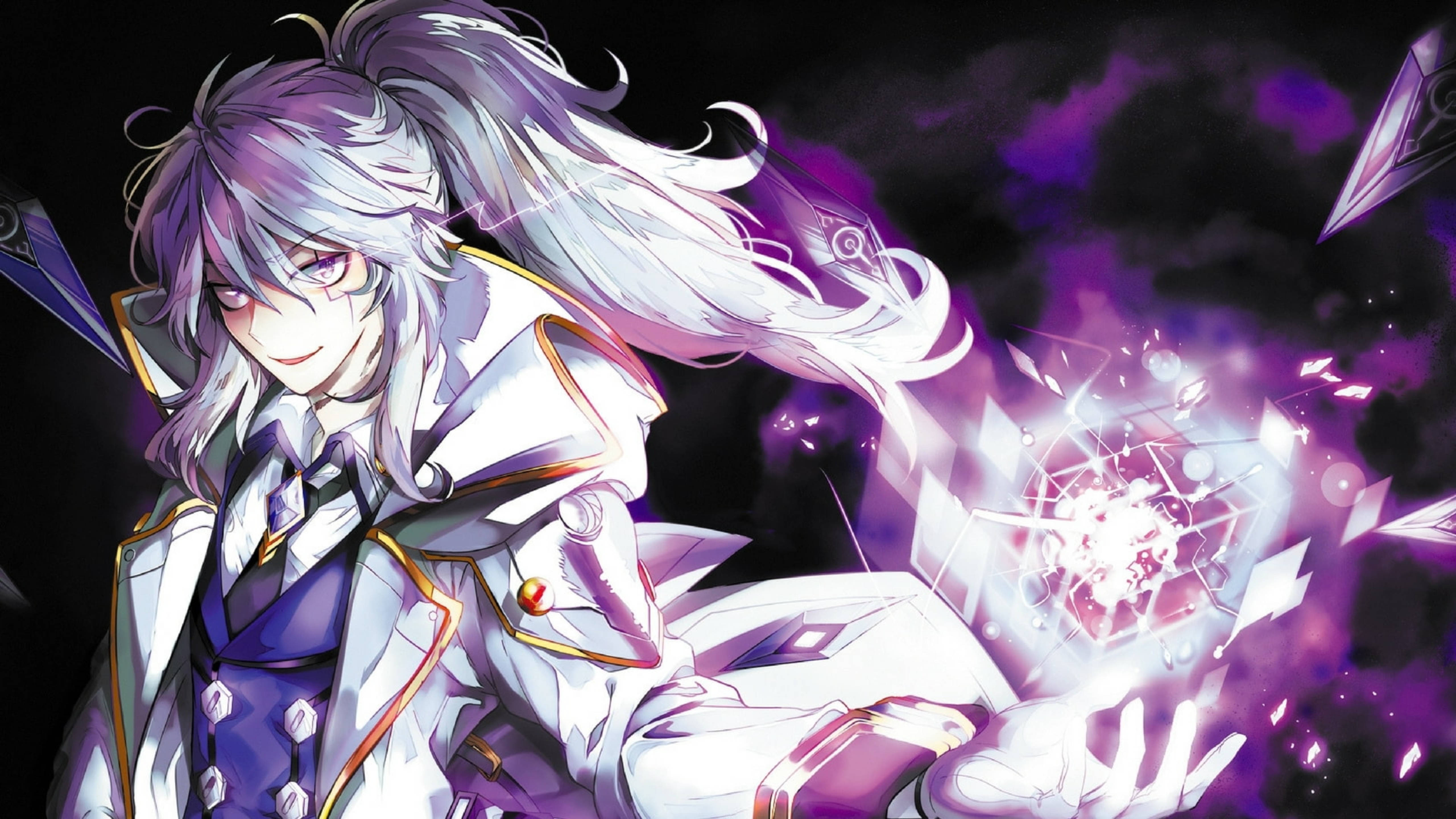 Elsword 神秘智者亞德藝術 壁紙 — 銀髮紫眼的動漫角色在深紫色宇宙場景中引導發光魔法。