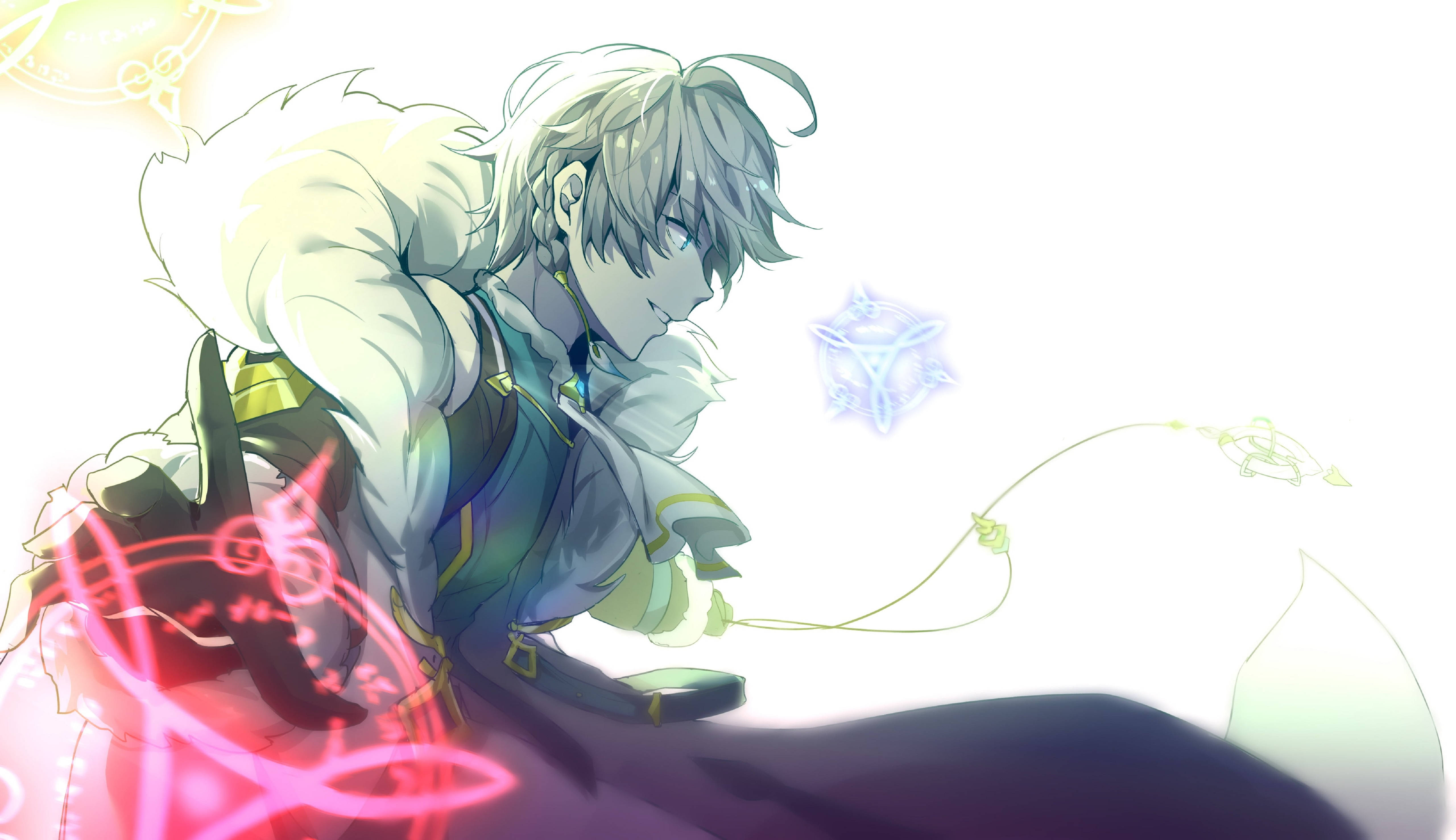 Elsword 角色 Ain - 藍花職業美學 壁紙 — 銀髮動漫角色在明亮的白色背景上施展發光的粉紅色和藍色魔法咒語。