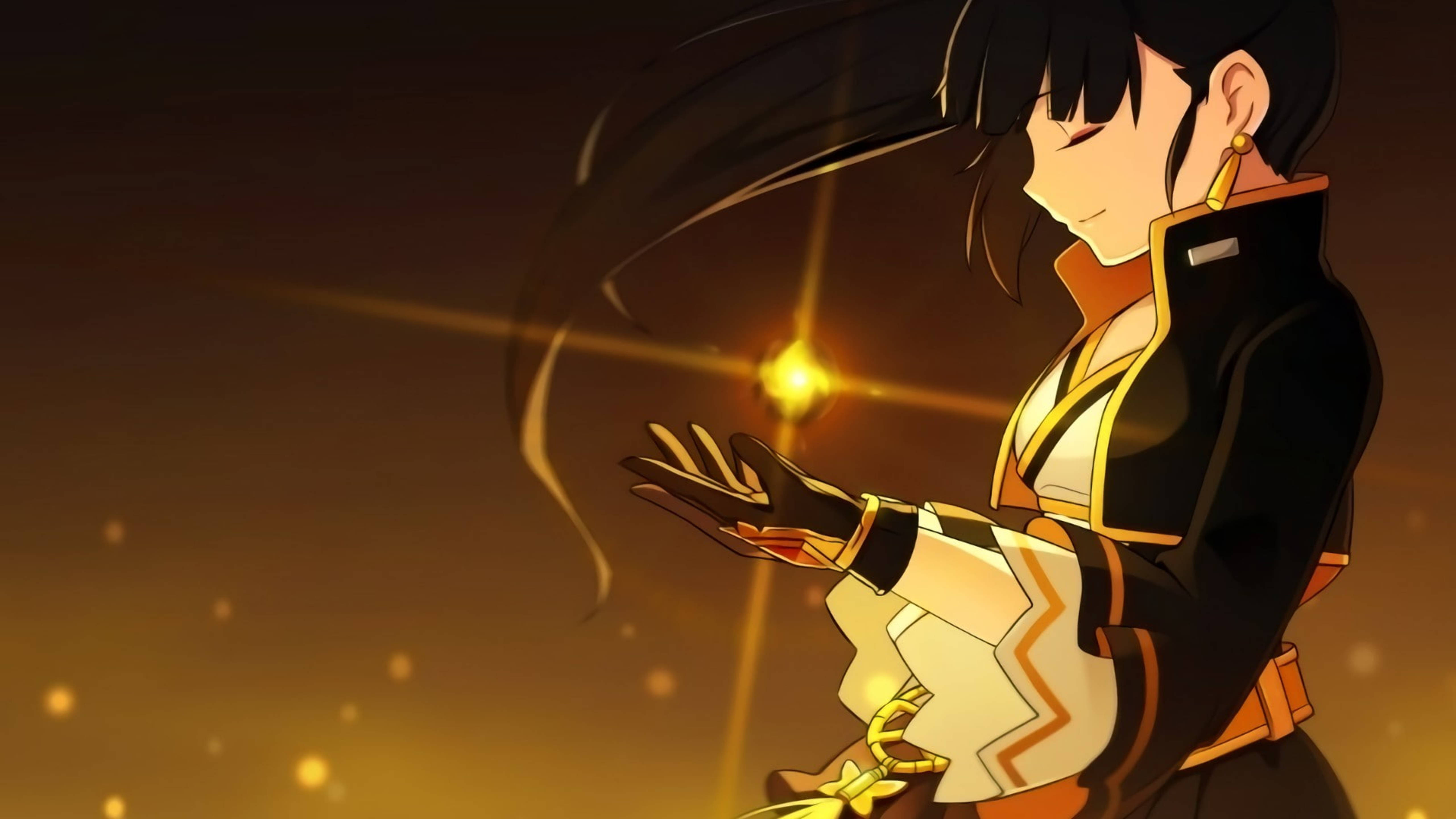 Elsword 角色 Ara - 小惡魔 壁紙 — 黑髮金邊制服嘅動漫少女喺溫暖夕陽光下輕輕捧住發光嘅金色能量。