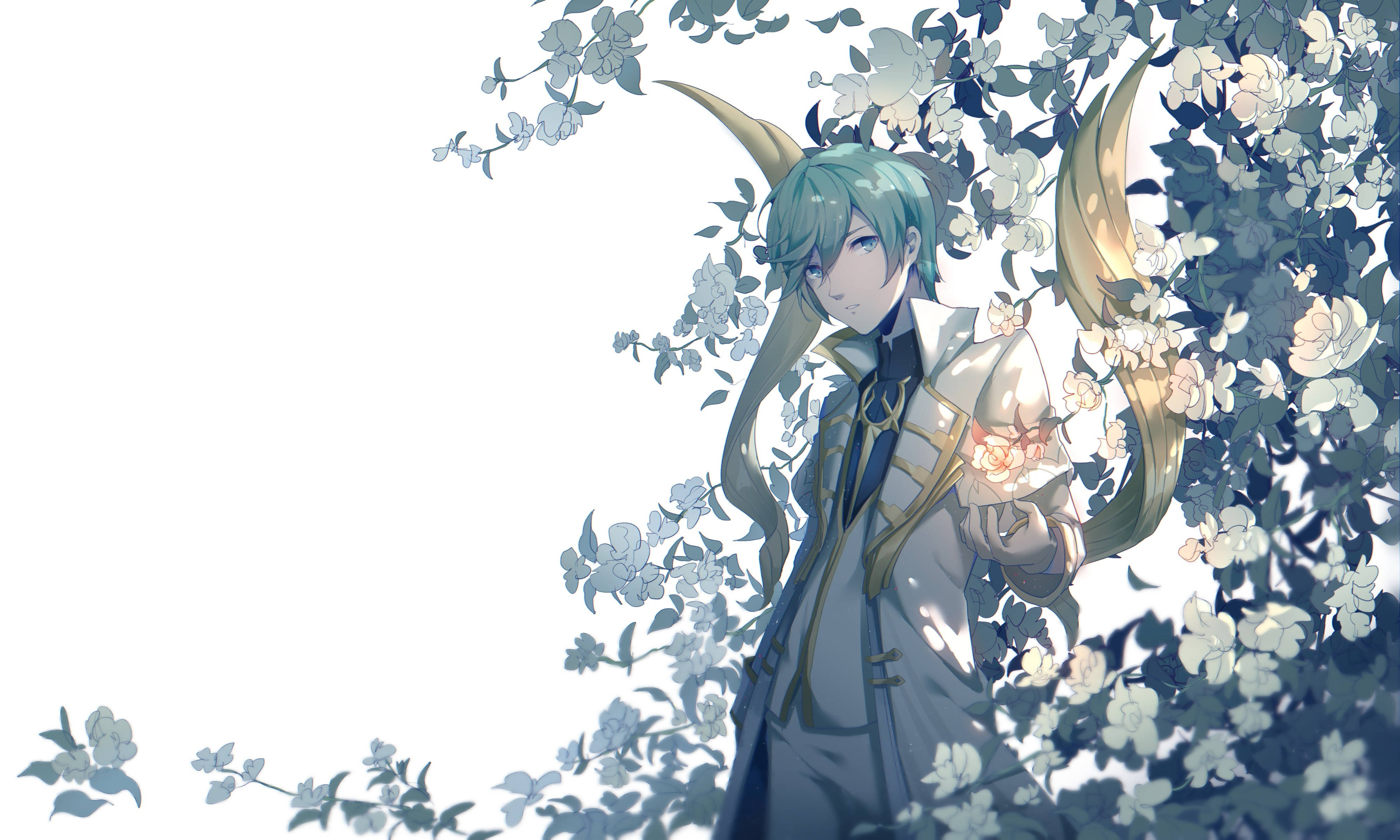 Elsword 角色 Arme - 魔法師 壁紙 — 一個平靜的動漫角色，擁有藍綠色頭髮和金色角，站在盛開的白花中，沐浴在柔和的光線下。