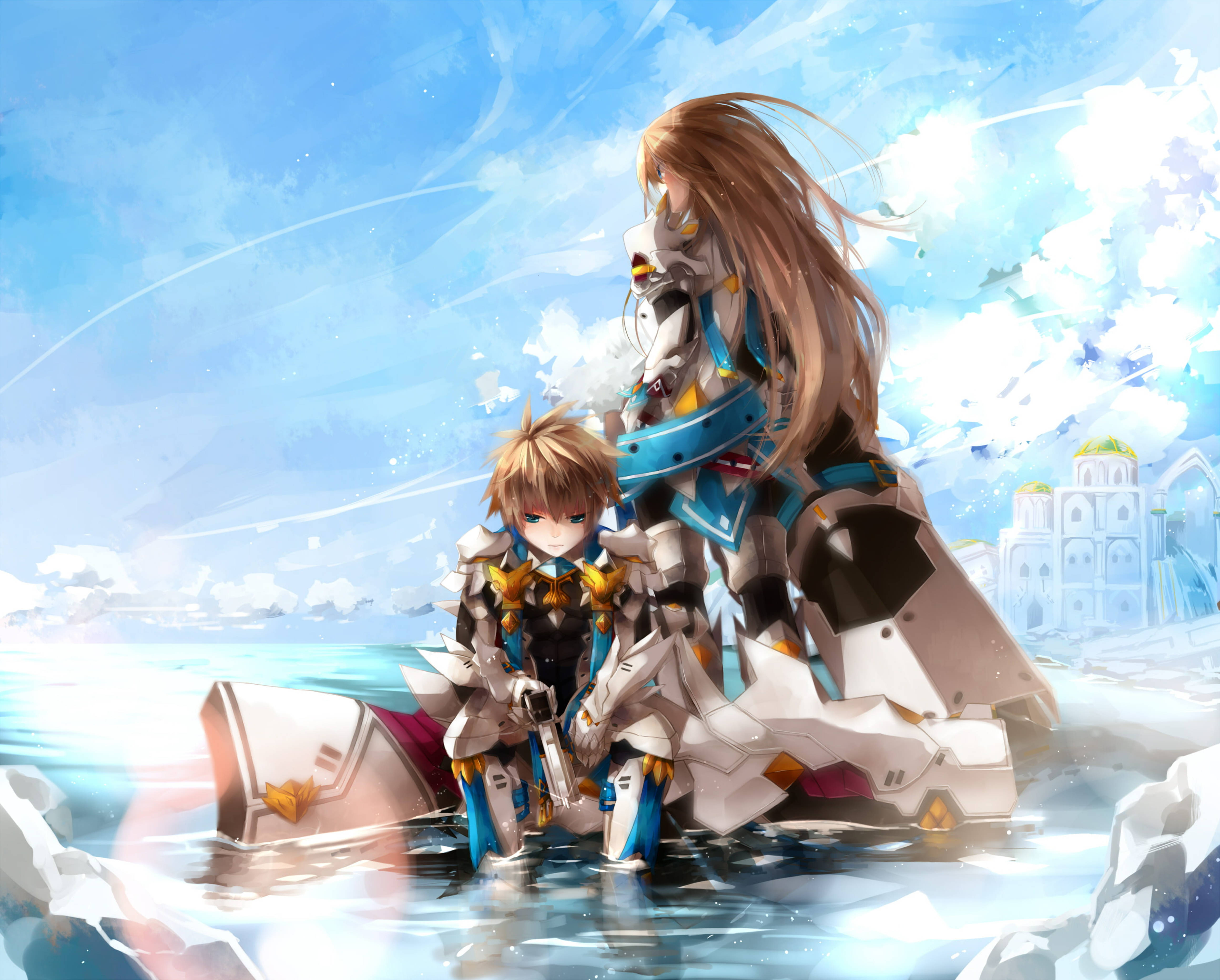 Elsword 角色 Chung - 兩種職業 壁紙 — 兩個身穿未來裝甲的動漫角色站在淺水中，旁邊是一架破損的機甲，背景是明亮的藍天和遠處的城堡狀建築。