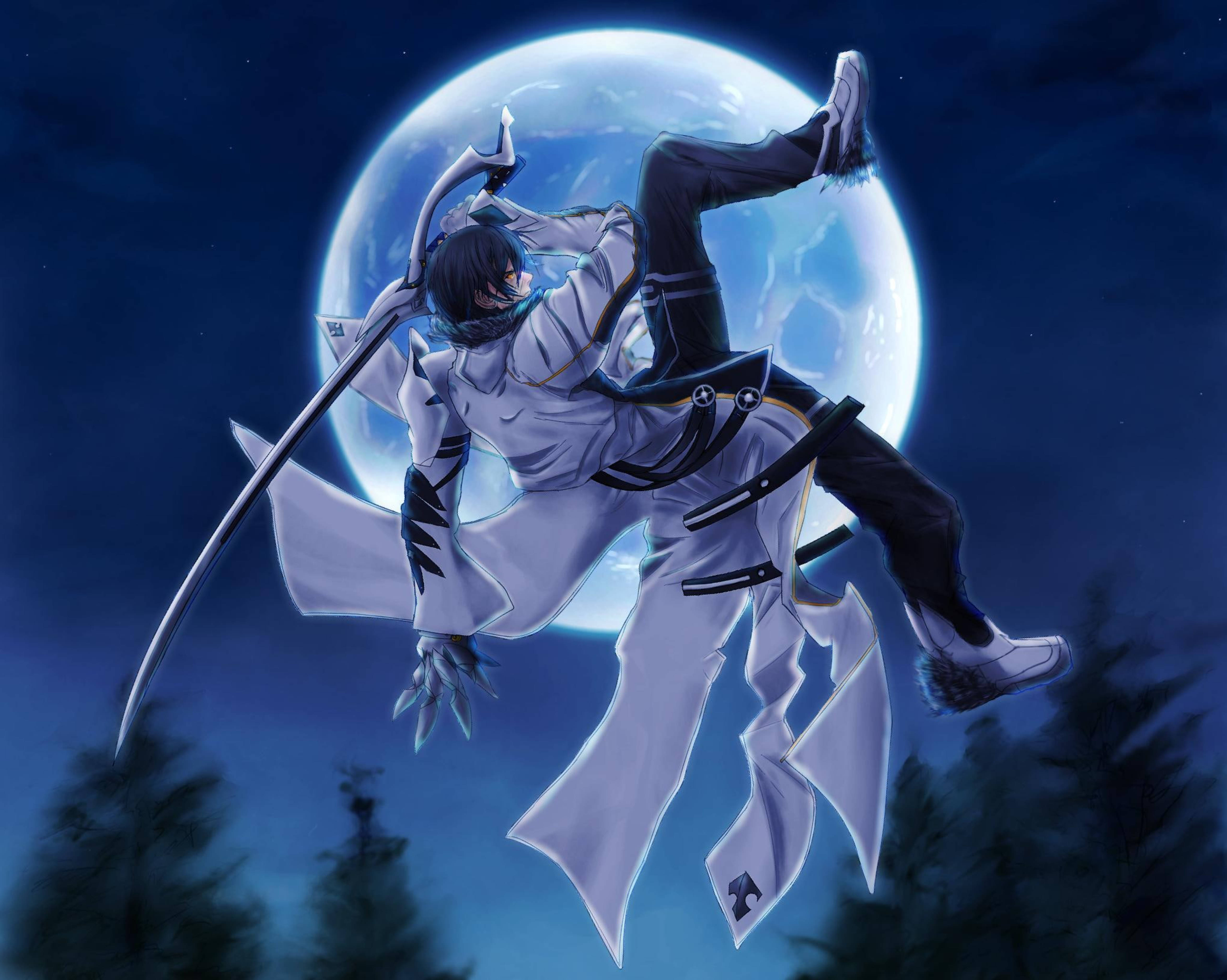 Elsword 角色 Raven - 劍士 壁紙 — 一位身穿白袍的動感動漫戰士在半空中揮劍，背景是明亮的滿月。