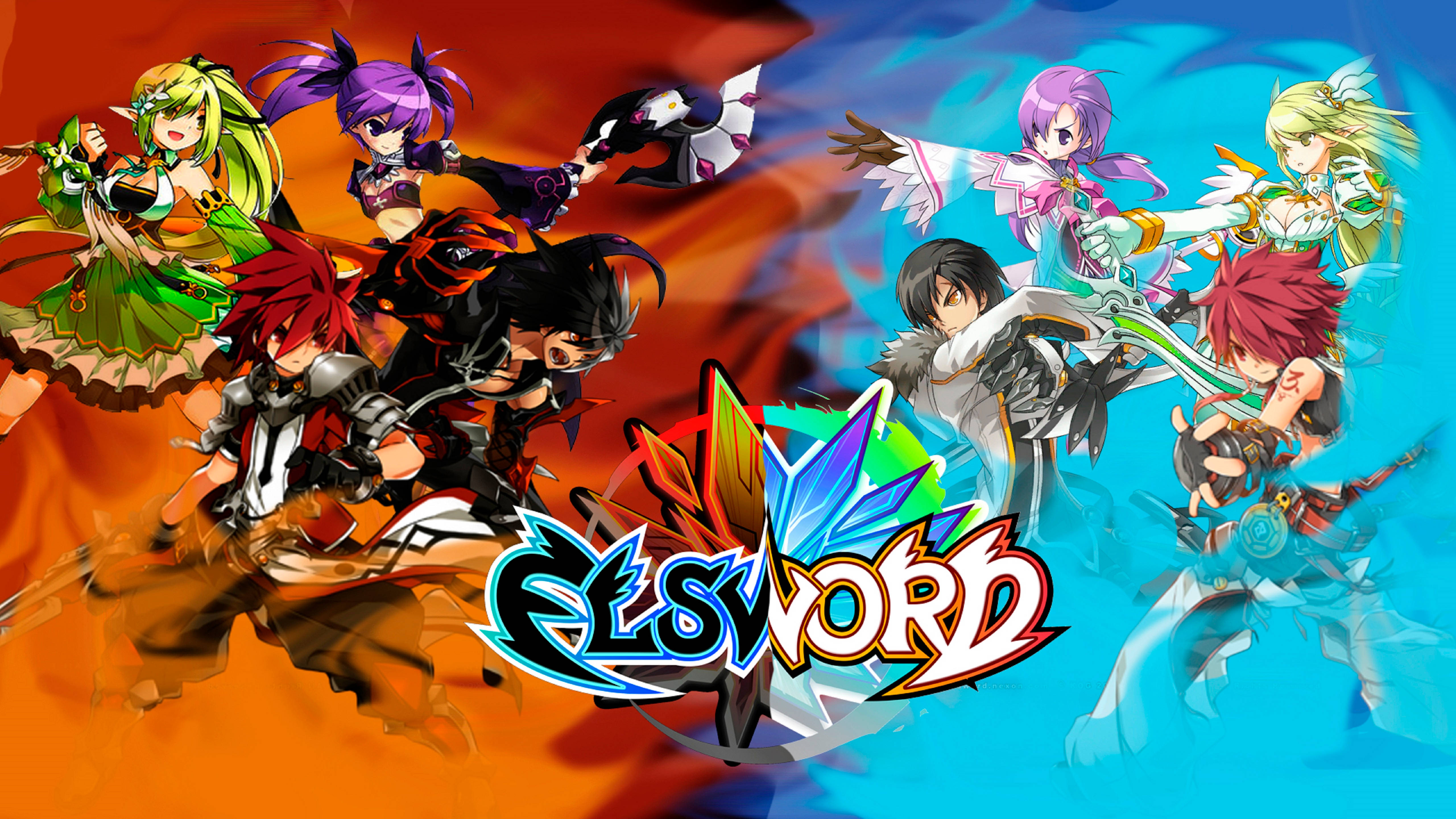Elsword 角色雙路徑封面 壁紙 — 充滿活力的動漫角色以動態戰鬥姿勢呈現，由火熱橙色和冰冷藍色背景分隔，並帶有粗體 Elsword 標誌。
