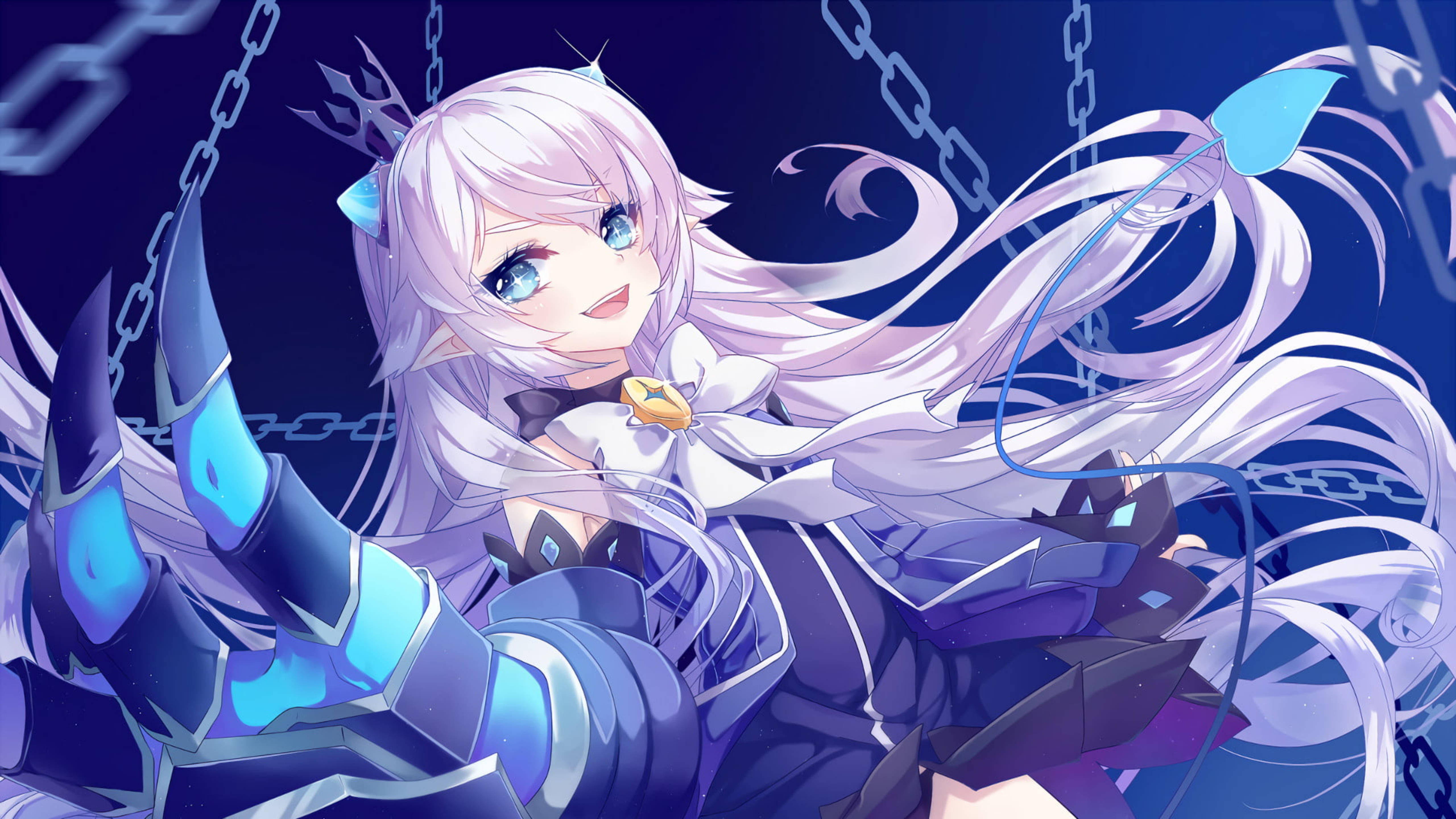 Elsword 貴族路 壁紙 — 一位開朗的動漫女孩，長長的白髮和藍眼睛，穿著帶有發光裝飾的深藍色盔甲服裝，在充滿鎖鏈的背景前微笑。