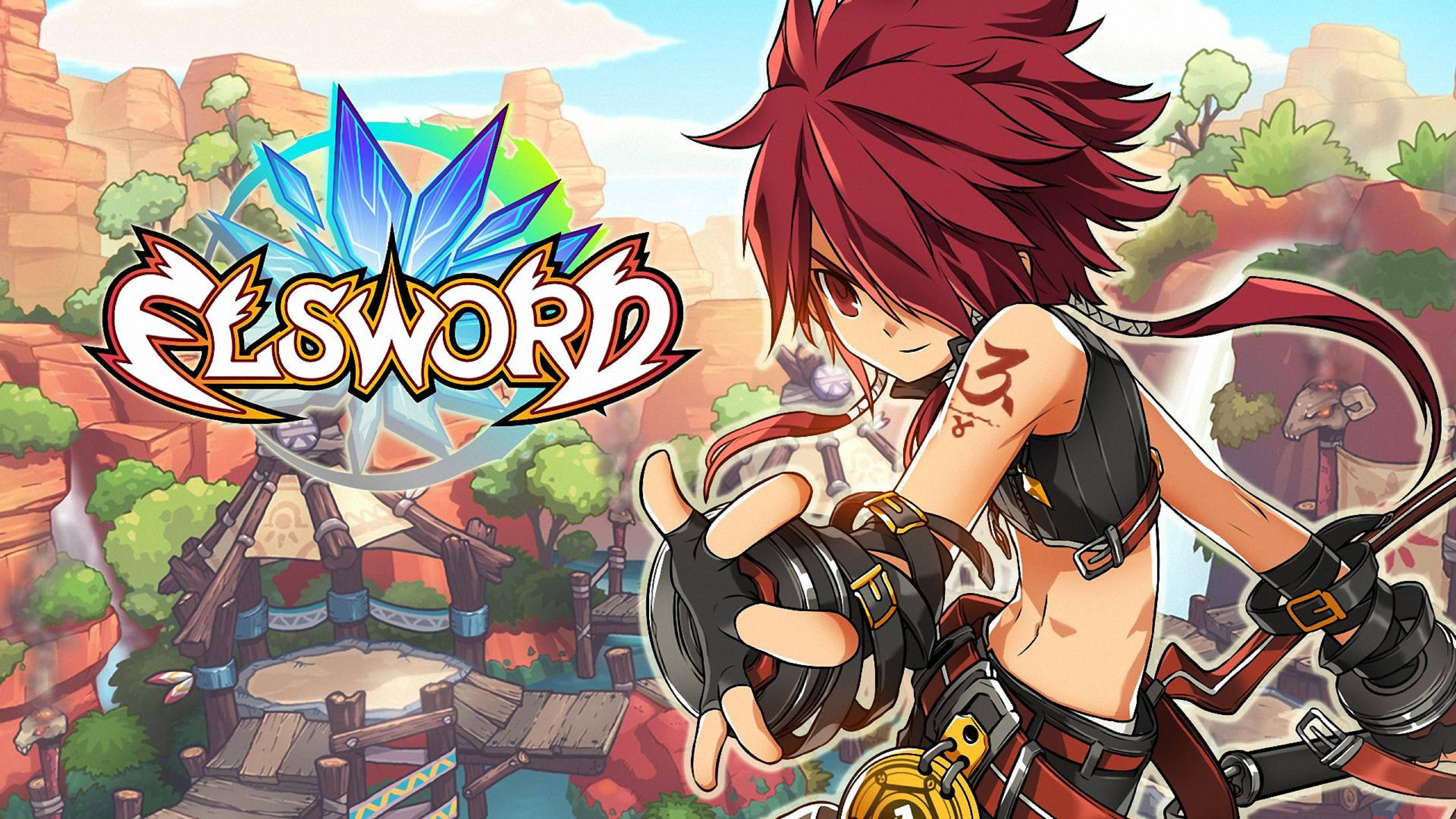 Elsword 跑刀者封面 壁紙 — 一位紅髮動漫戰士，機械手臂自信地做手勢，背景是充滿活力的峽谷村莊。