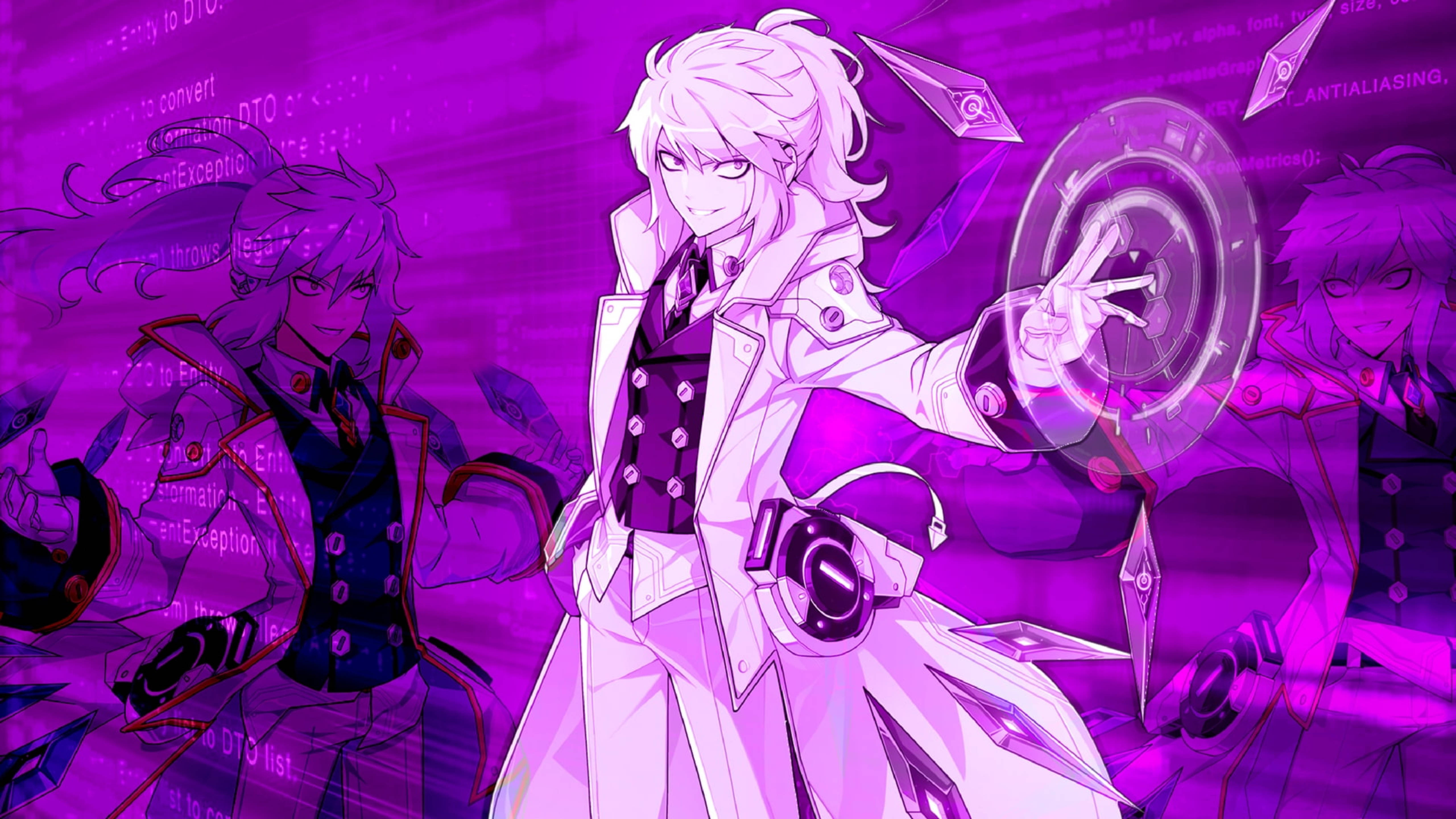 Elsword 遊戲角色 Add - 神秘智者職業 壁紙 — 一個風格化的動漫角色穿著白色外套，在數位代碼背景前操控發光的紫色全息界面。