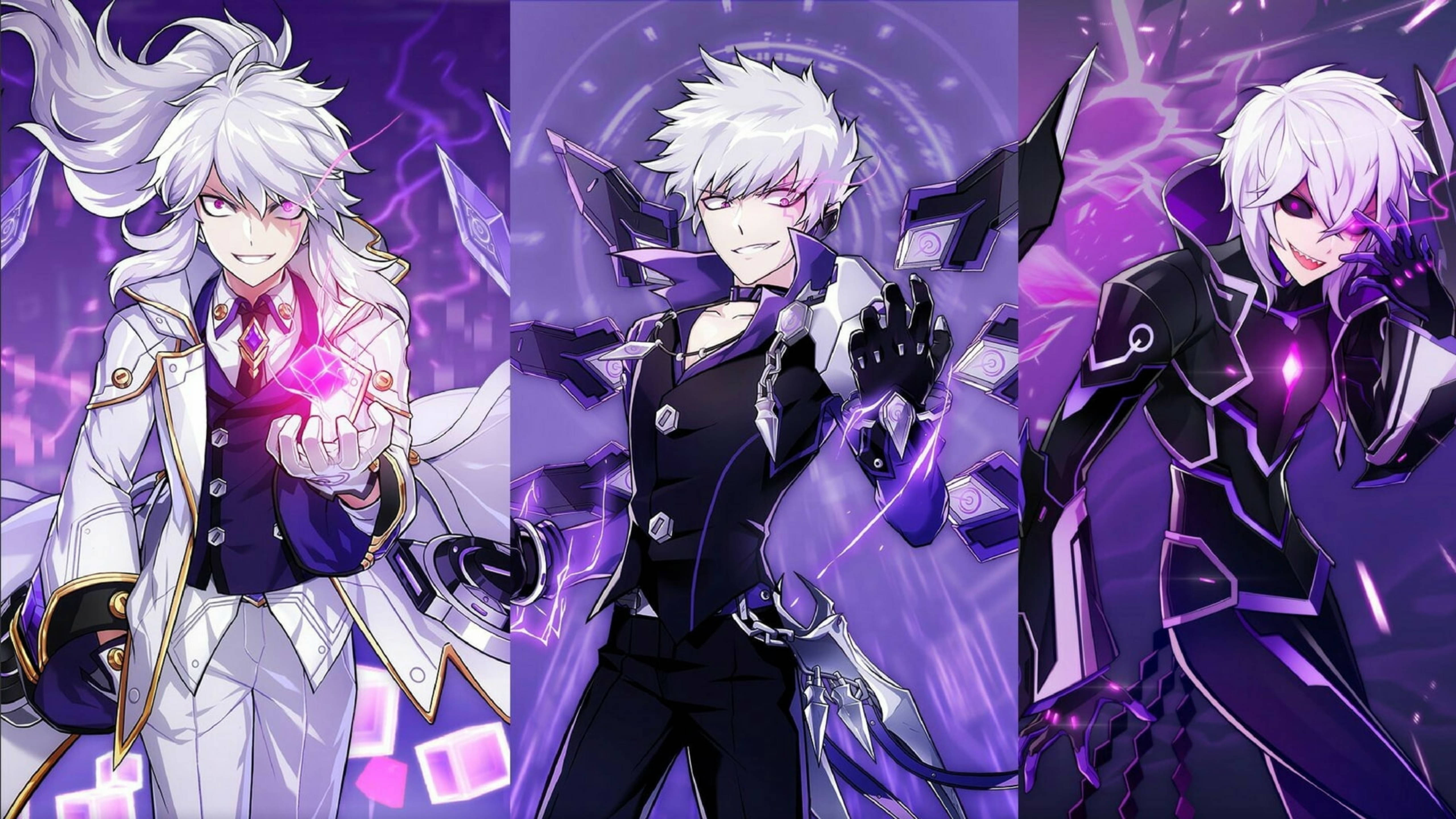 Elsword 遊戲角色 Add - 三種職業造型 壁紙 — 三個白髮及紫色能量的動漫角色在發光的紫色背景前動態擺姿勢。