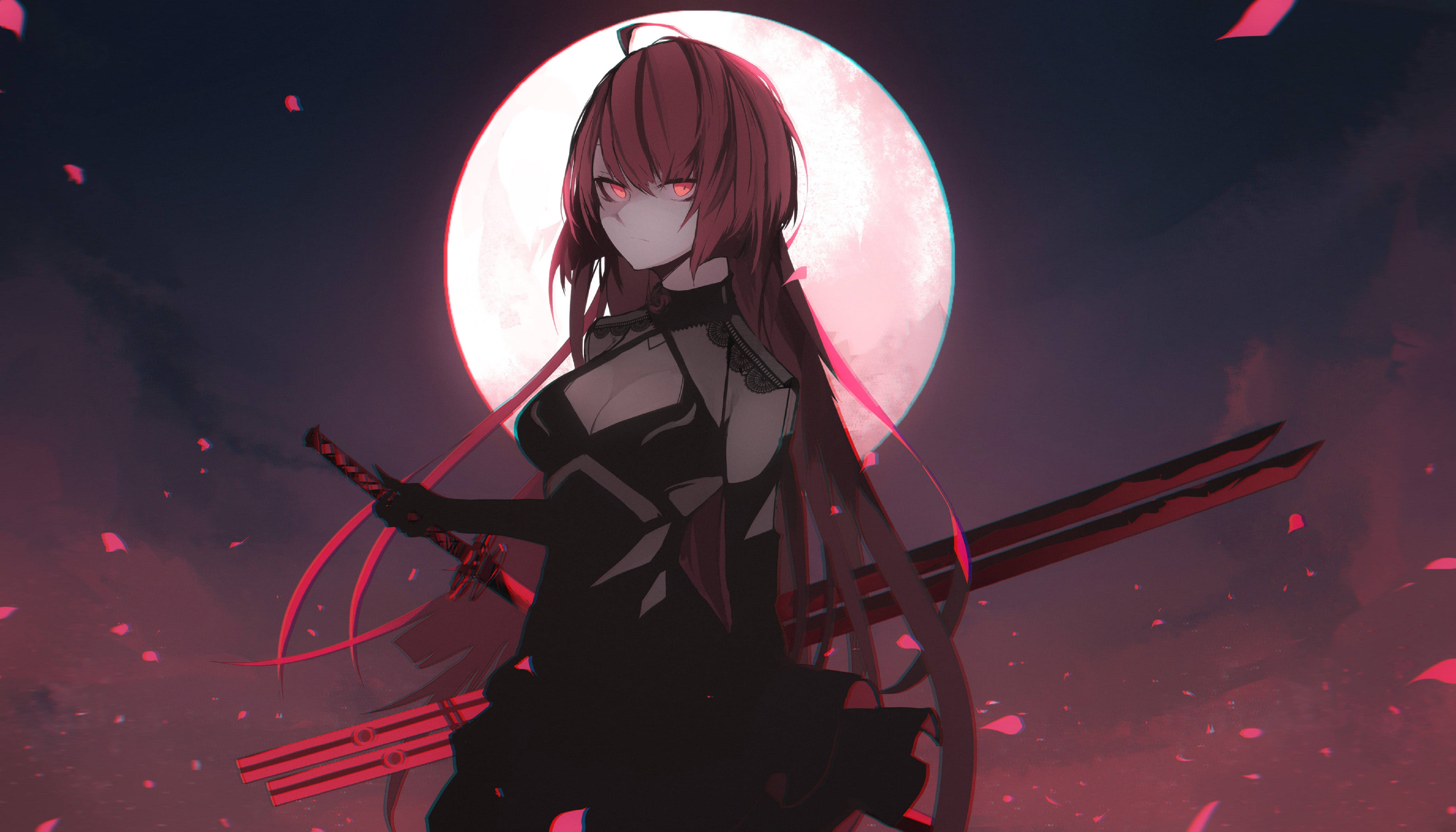 Elsword 遊戲角色 Elesis - 血色女王 壁紙 — 一位紅髮動漫女孩，擁有發光的紅色眼睛，在滿月背景下手持武士刀，伴隨著飄落的櫻花瓣。