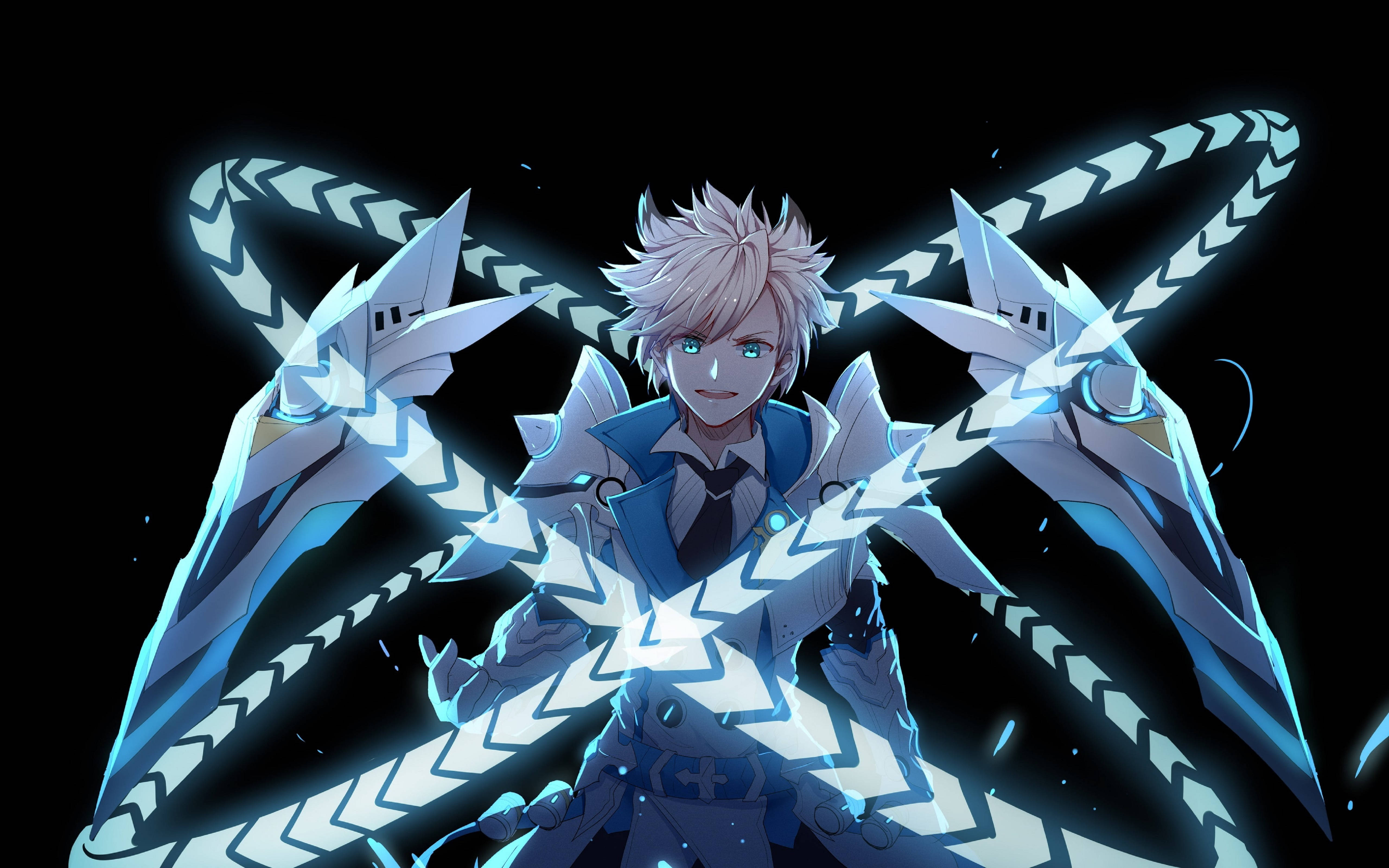 Elsword 鄭 tactical trooper 在行動中 壁紙 — 一個發光的動漫戰士，有著尖刺的白髮，揮舞著冰藍色能量刃，對抗黑色虛空。