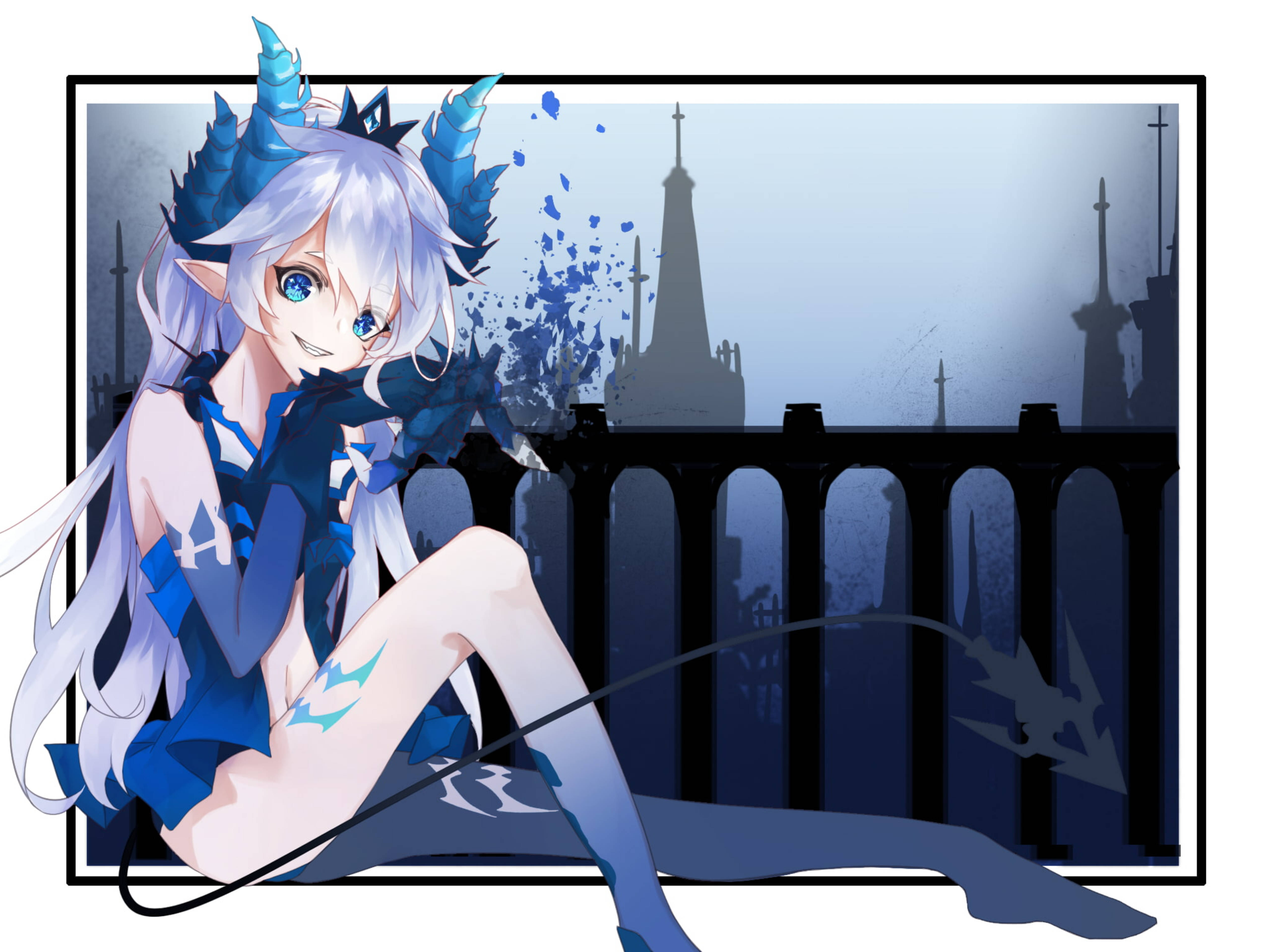 Elsword 魔女路迪亞班 壁紙 — 一個藍髮、有角有尾巴的動漫女孩，在黃昏時分愉快地坐在哥德式城市天際線前。