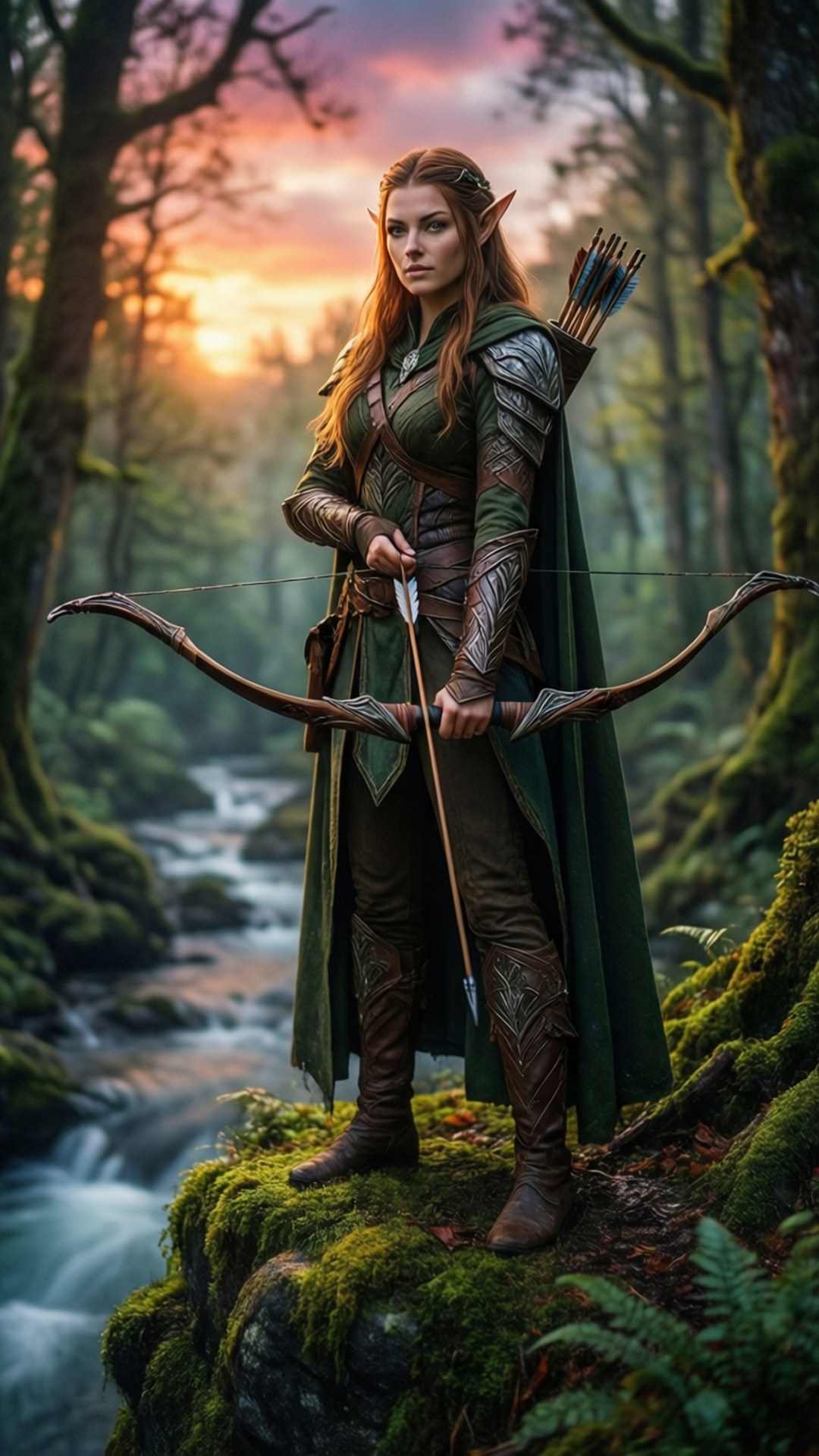 Elven Watch 壁紙 — 一位長紅髮的精靈弓箭手站在長滿苔蘚的森林岩架上，拉開弓，下方河流流淌，正值 vibrant 的日落時分。