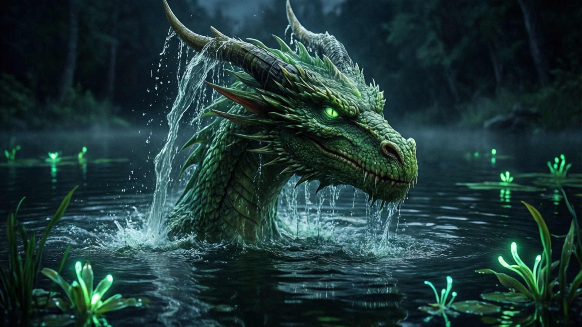 綠色龍頭從暗水中浮現，帶有發光植物和霧林背景