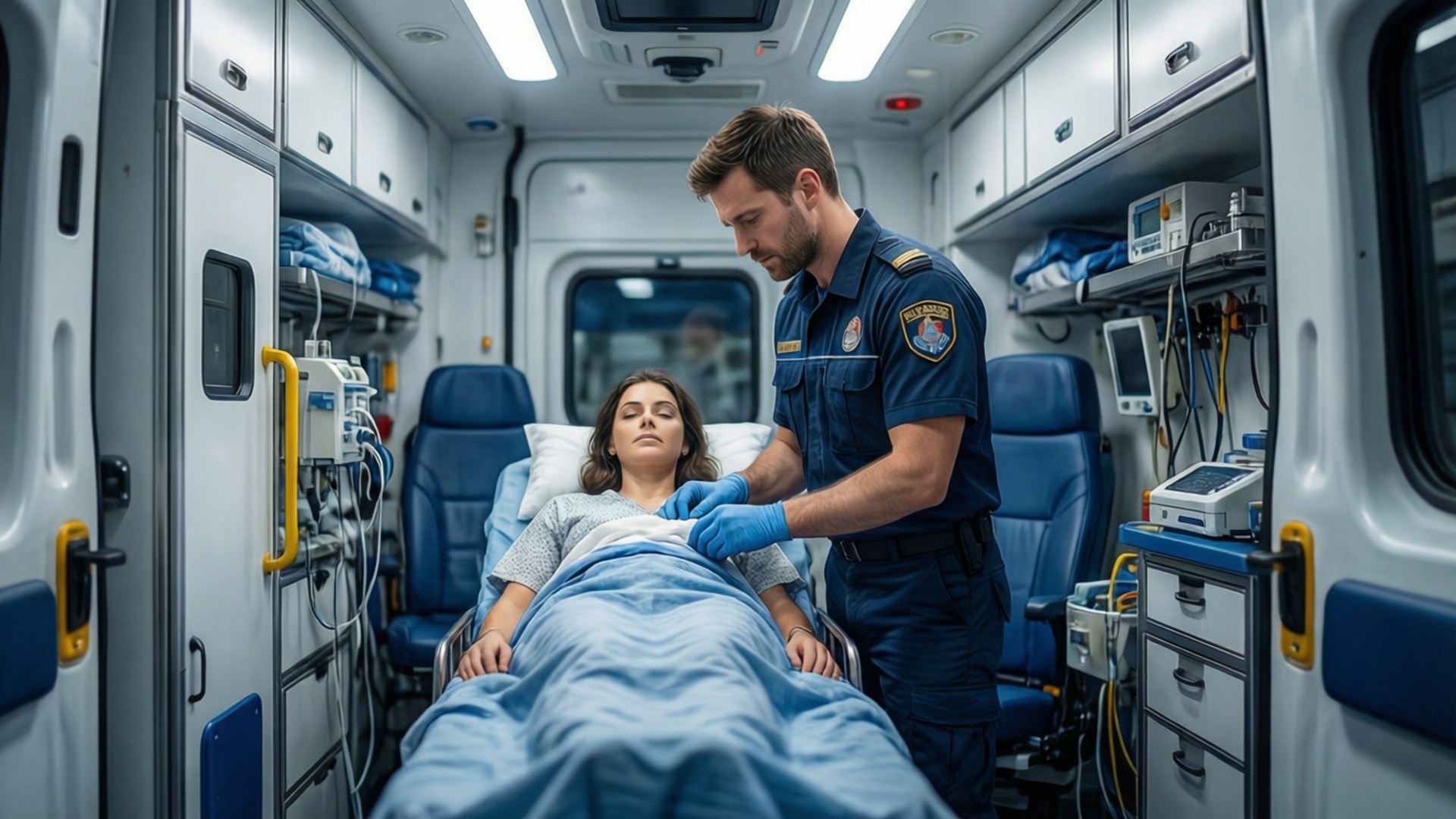Ambulance 桌布 壁紙 — 一名緊急醫療技術員在設備完善的救護車內，於明亮的螢光燈下檢查病人的生命體徵。