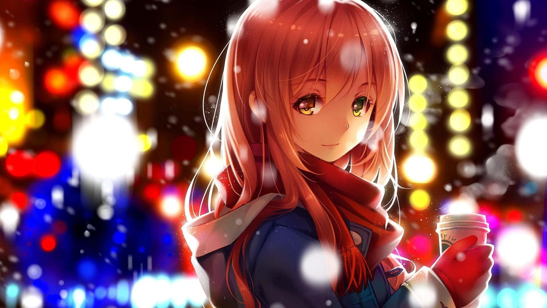 認識Emiko，最可愛的動漫少女，熱愛探索世界！ 壁紙 — 一個開心的動漫女孩，紅髮和異色瞳，在雪花飄落的背景下，手持咖啡杯，背景是充滿活力的散景城市夜景。