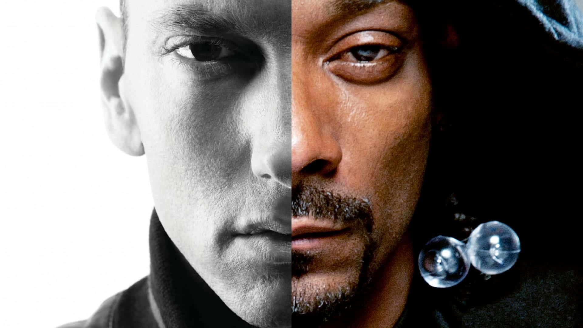 Eminem 和 Snoop Dogg 的分割臉部肖像，帶有反光的眼球。