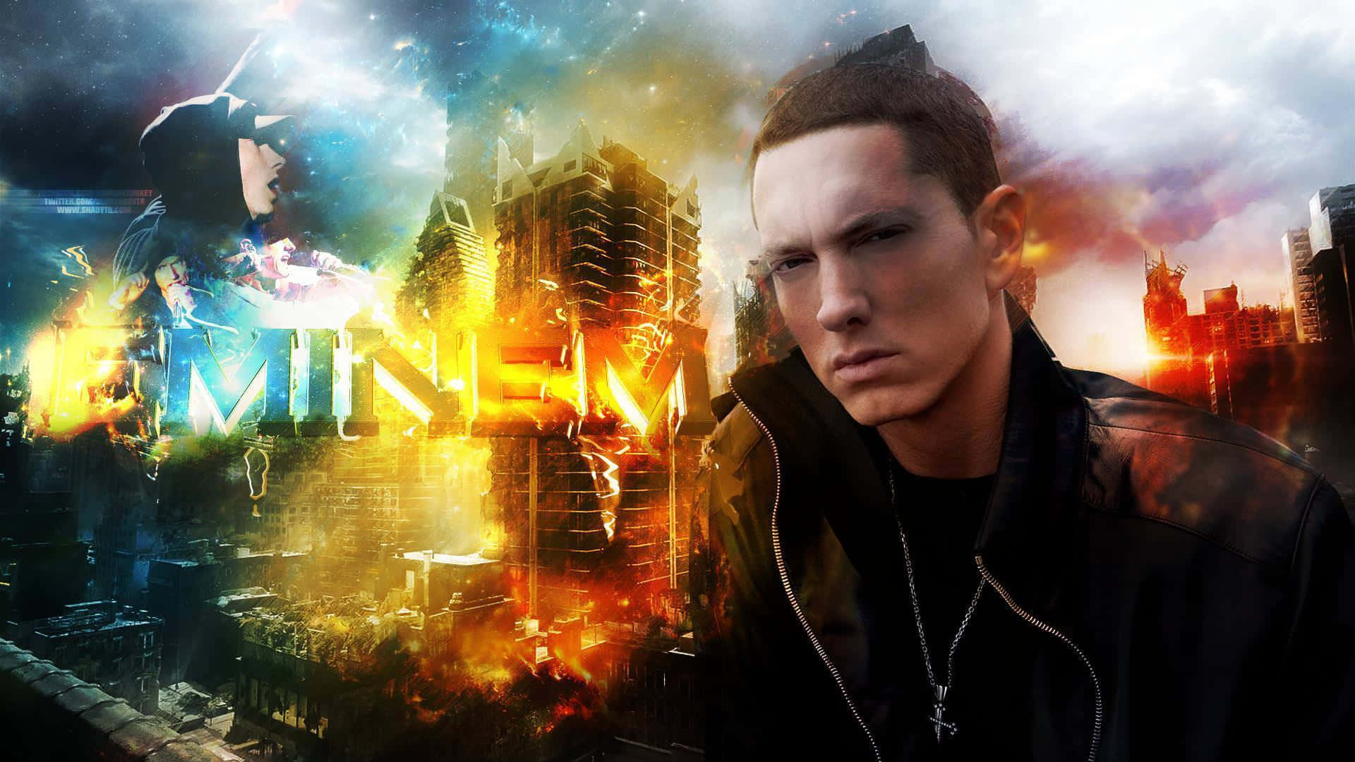 Eminem 桌布 壁紙 — Eminem 在熾熱的城市天際線中，帶著發光的霓虹燈和爆炸性能量效果，強烈地凝視著。