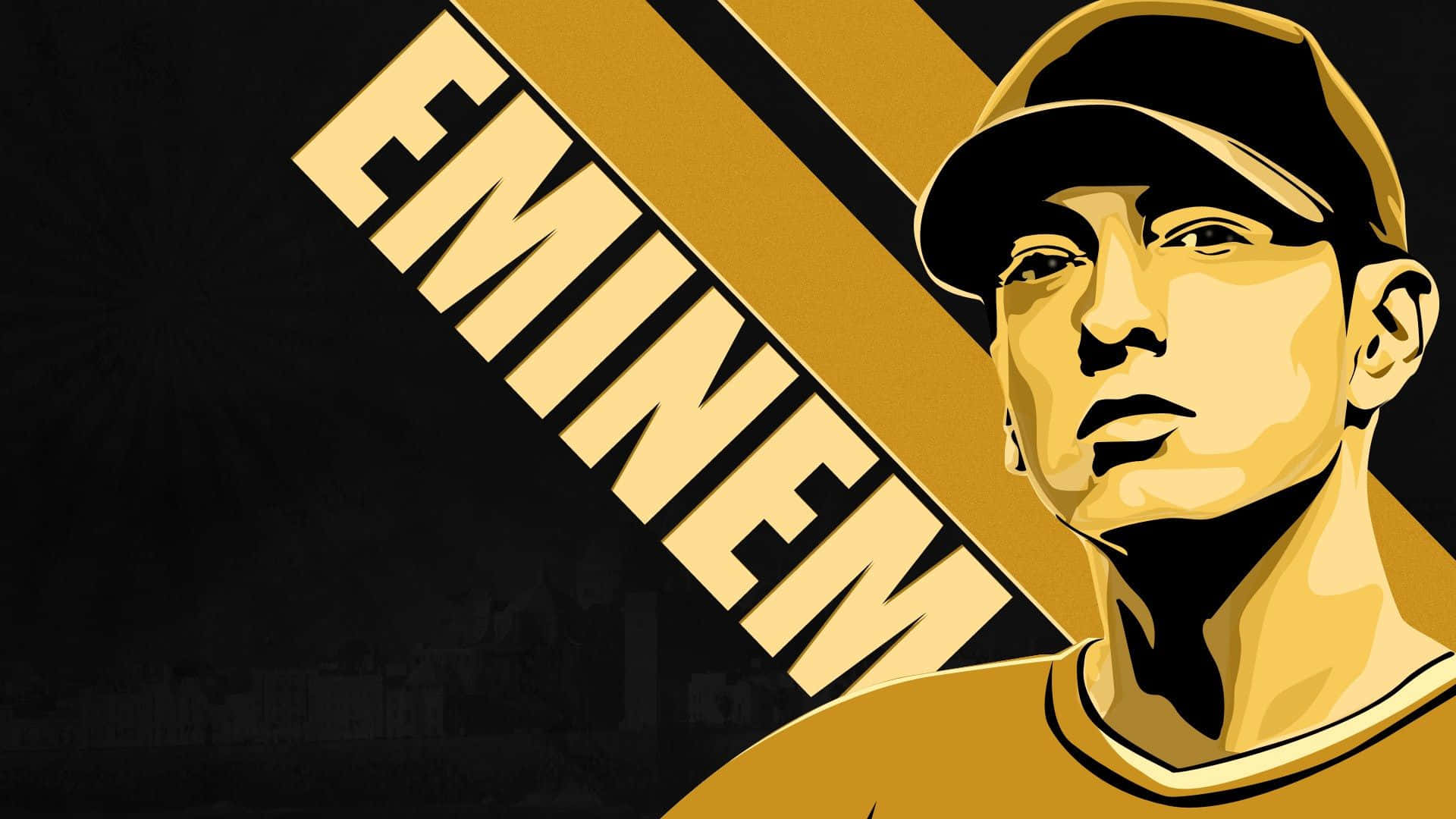 Eminem 桌布 壁紙 — Eminem 大膽的圖形肖像，金色和黑色，他的名字以粗體字母對角線穿過框架。